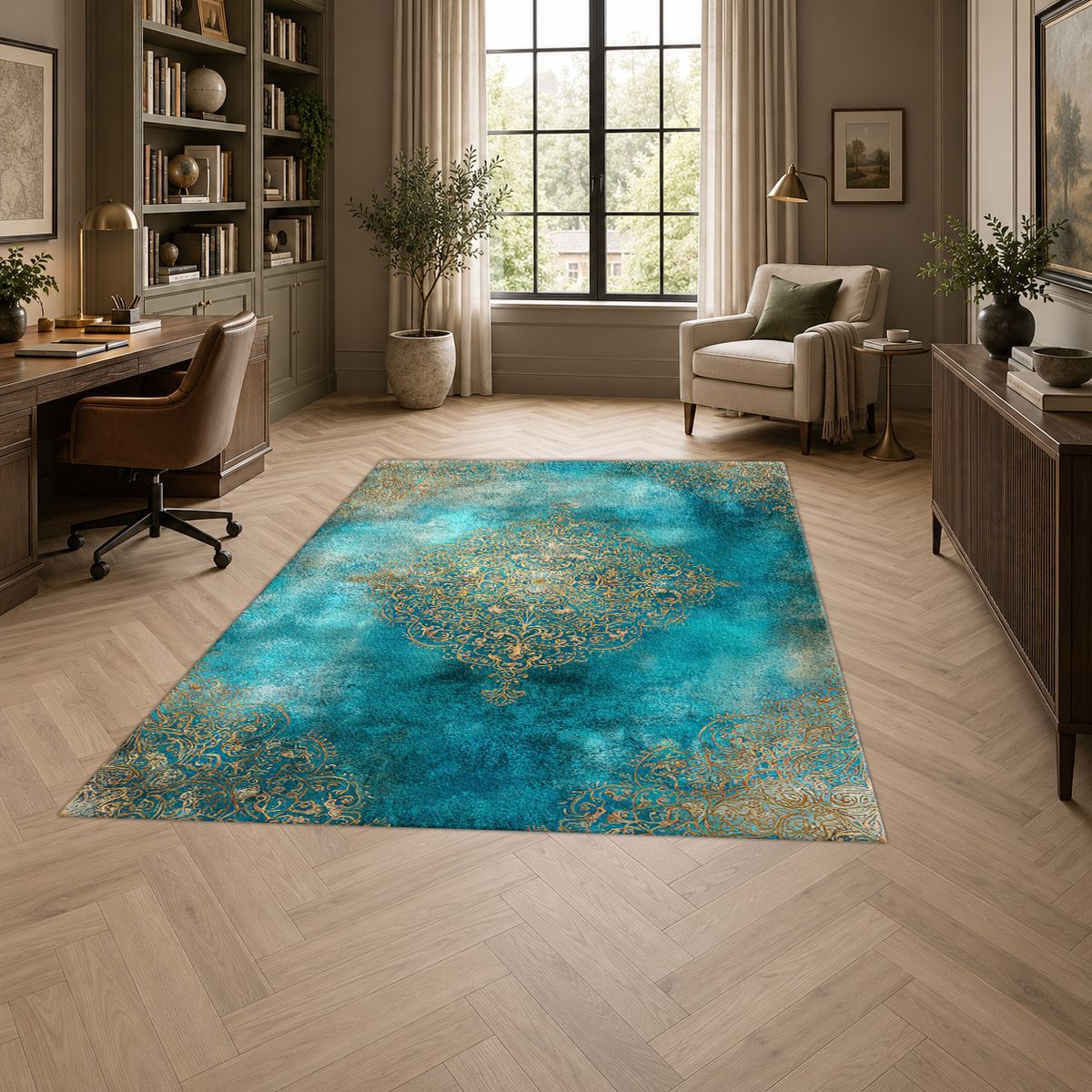 Turquoise Watercolor Gold Medallion printed area rug