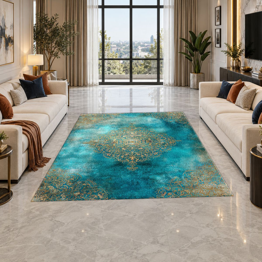 Turquoise Watercolor Gold Medallion printed area rug