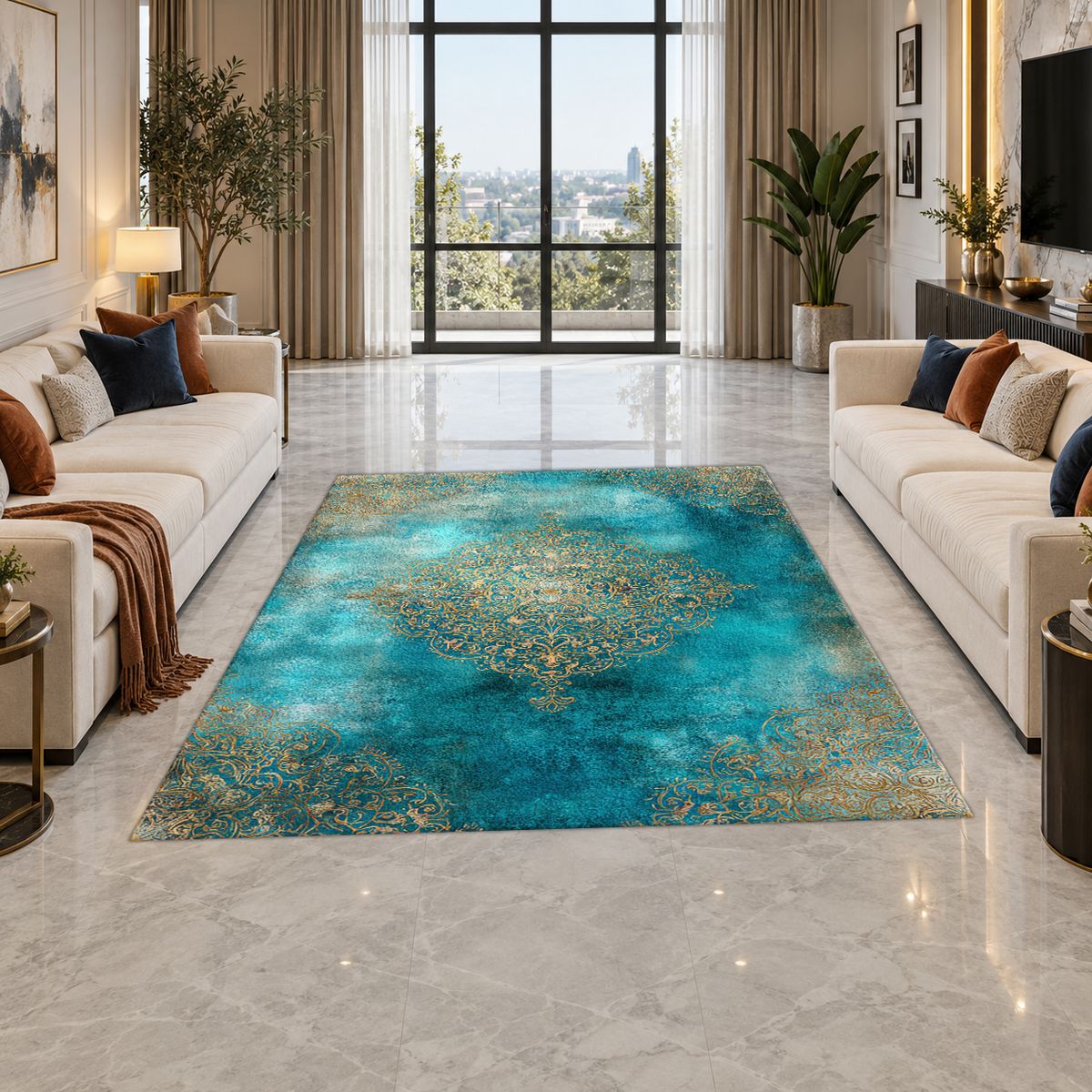 Turquoise Watercolor Gold Medallion printed area rug
