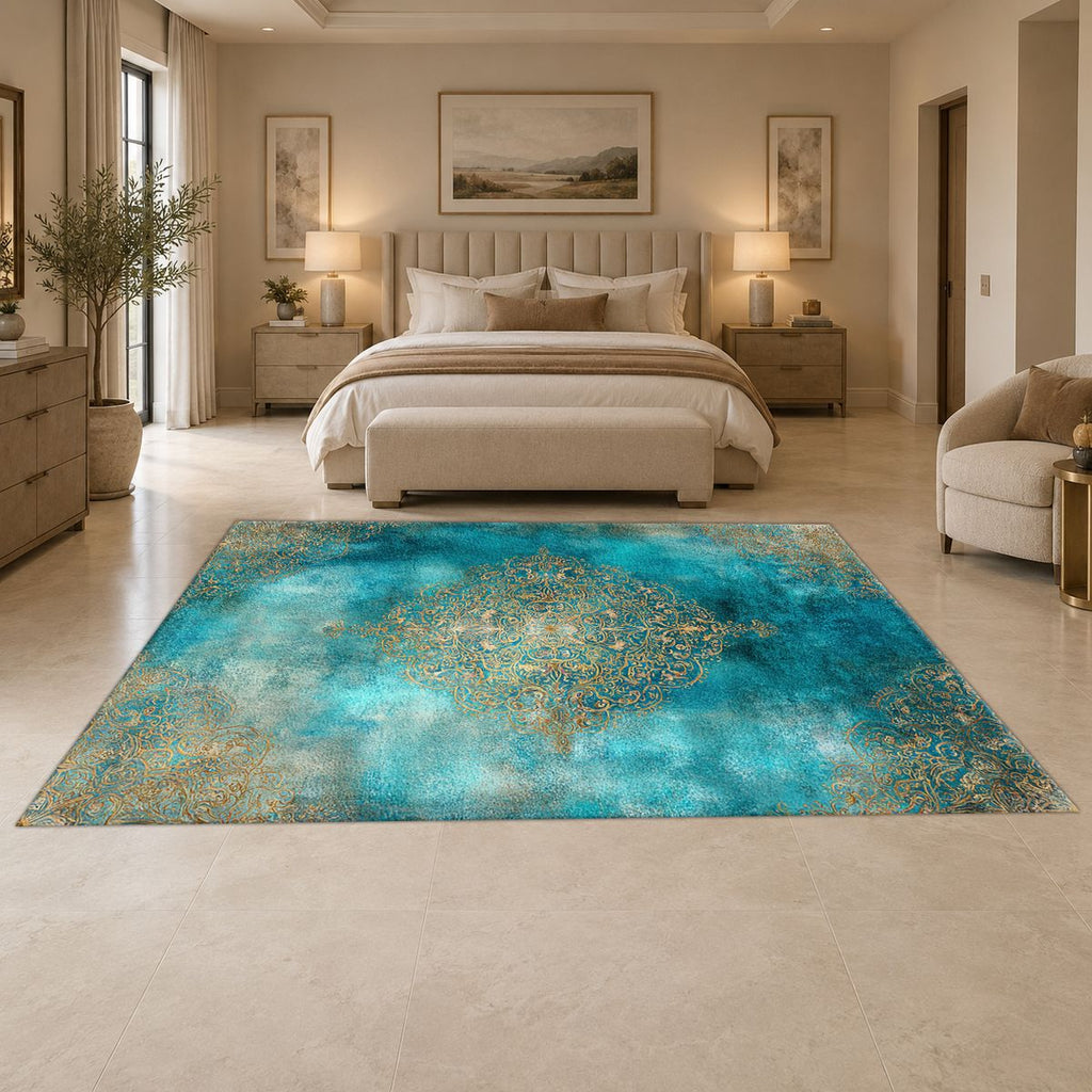 Turquoise Watercolor Gold Medallion printed area rug