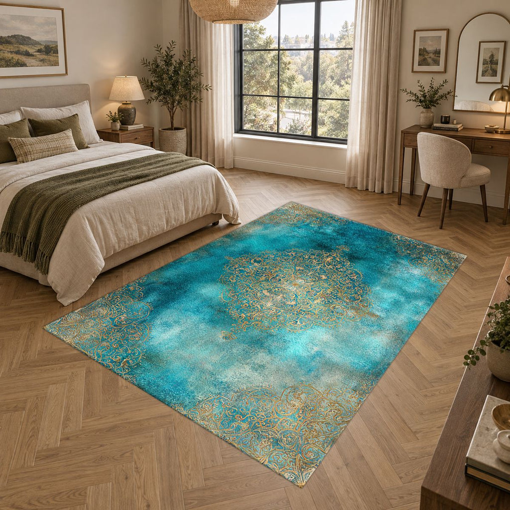 Turquoise Watercolor Gold Medallion printed area rug