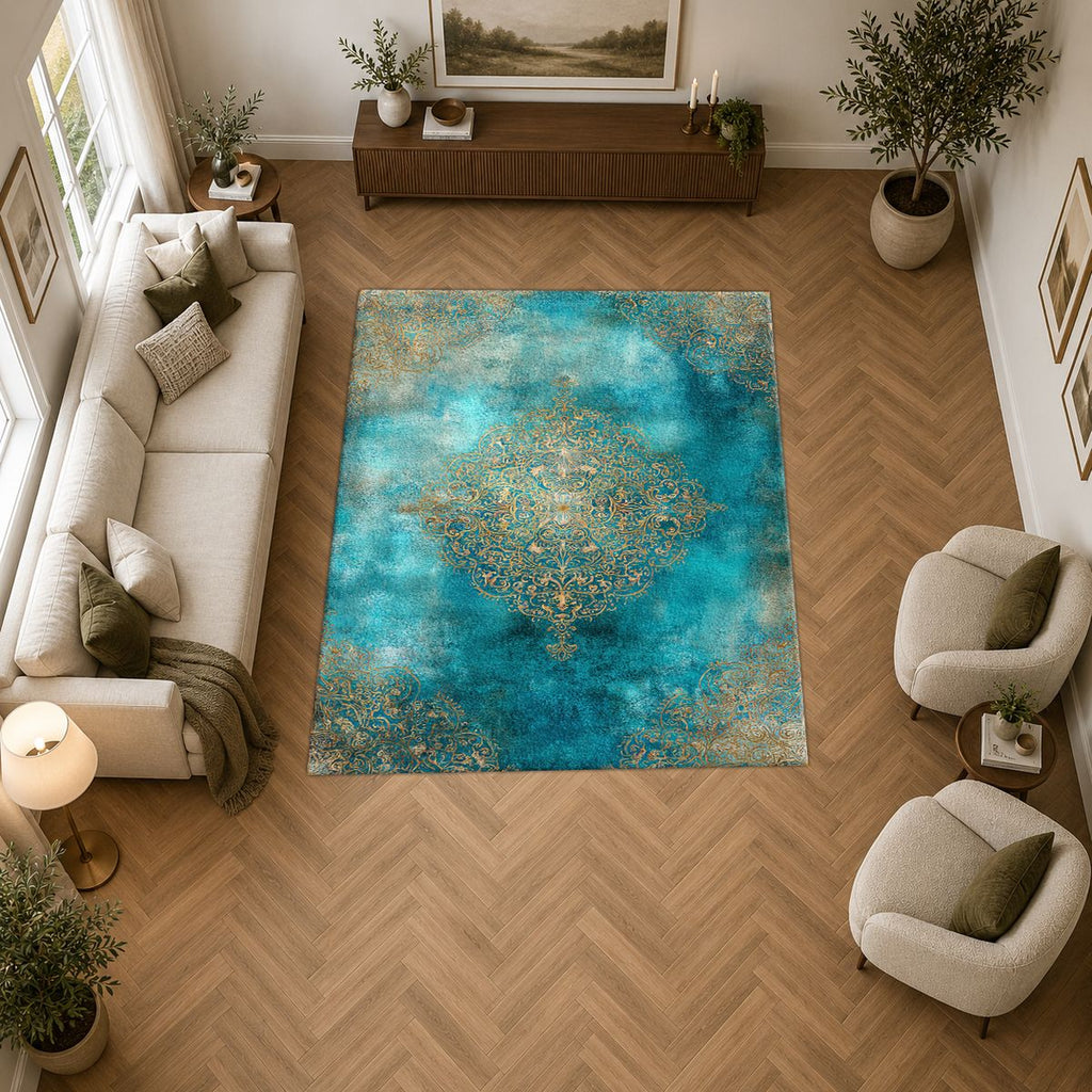 Turquoise Watercolor Gold Medallion printed area rug