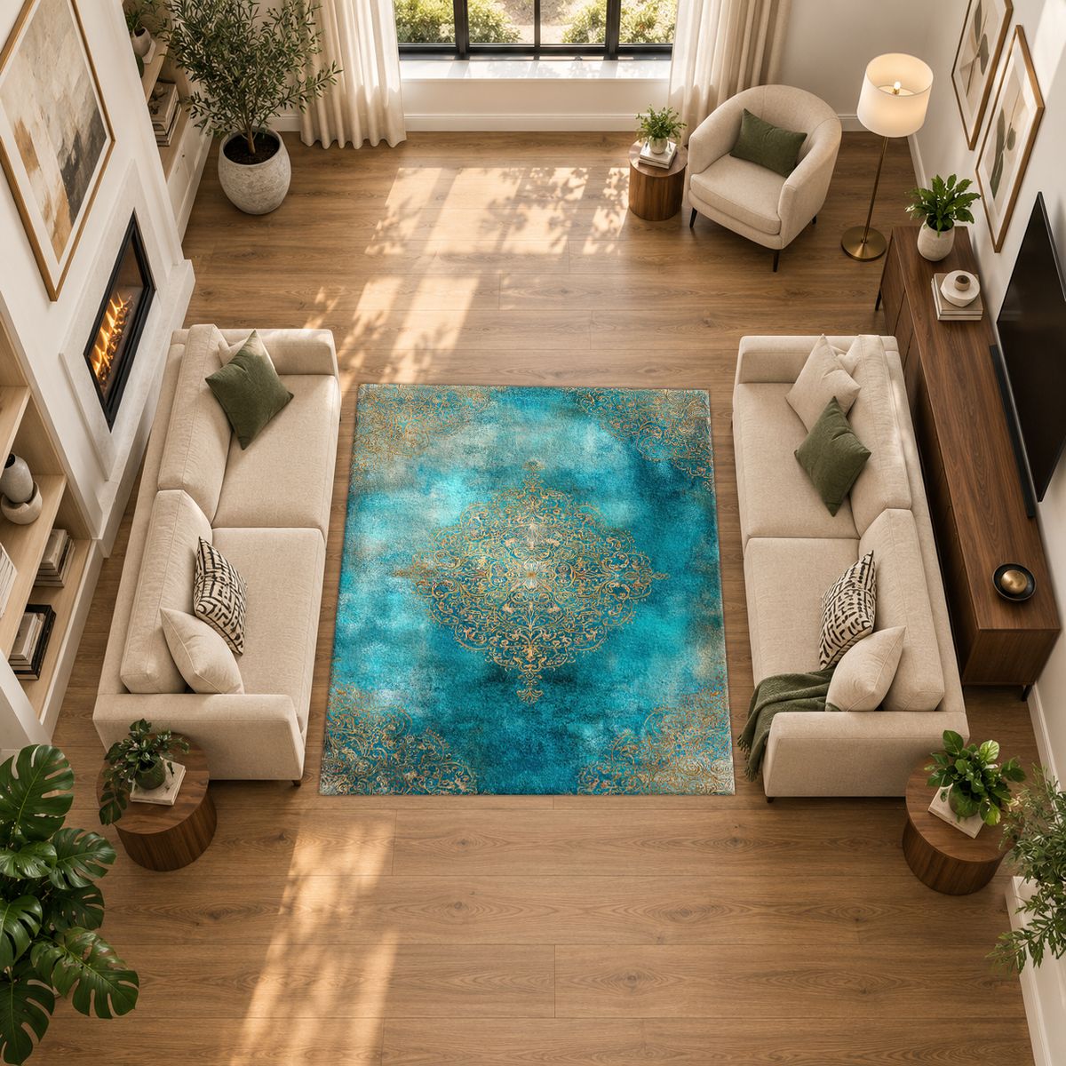 Turquoise Watercolor Gold Medallion printed area rug