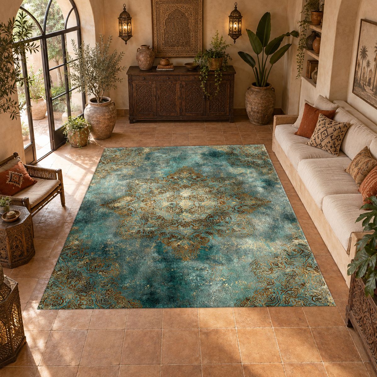 Teal and Gold Distressed Medallion printed area rug