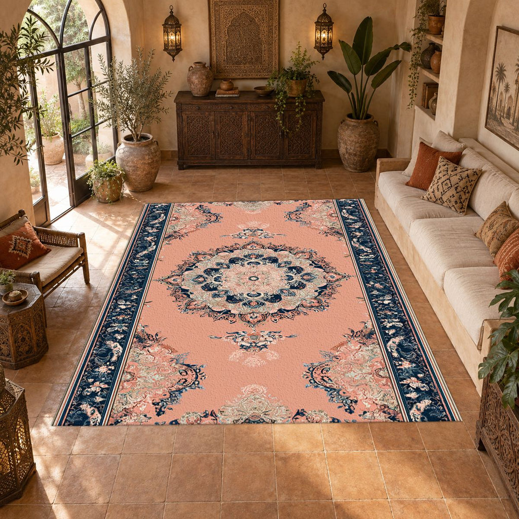 Peach and Navy Classic Medallion printed area rug