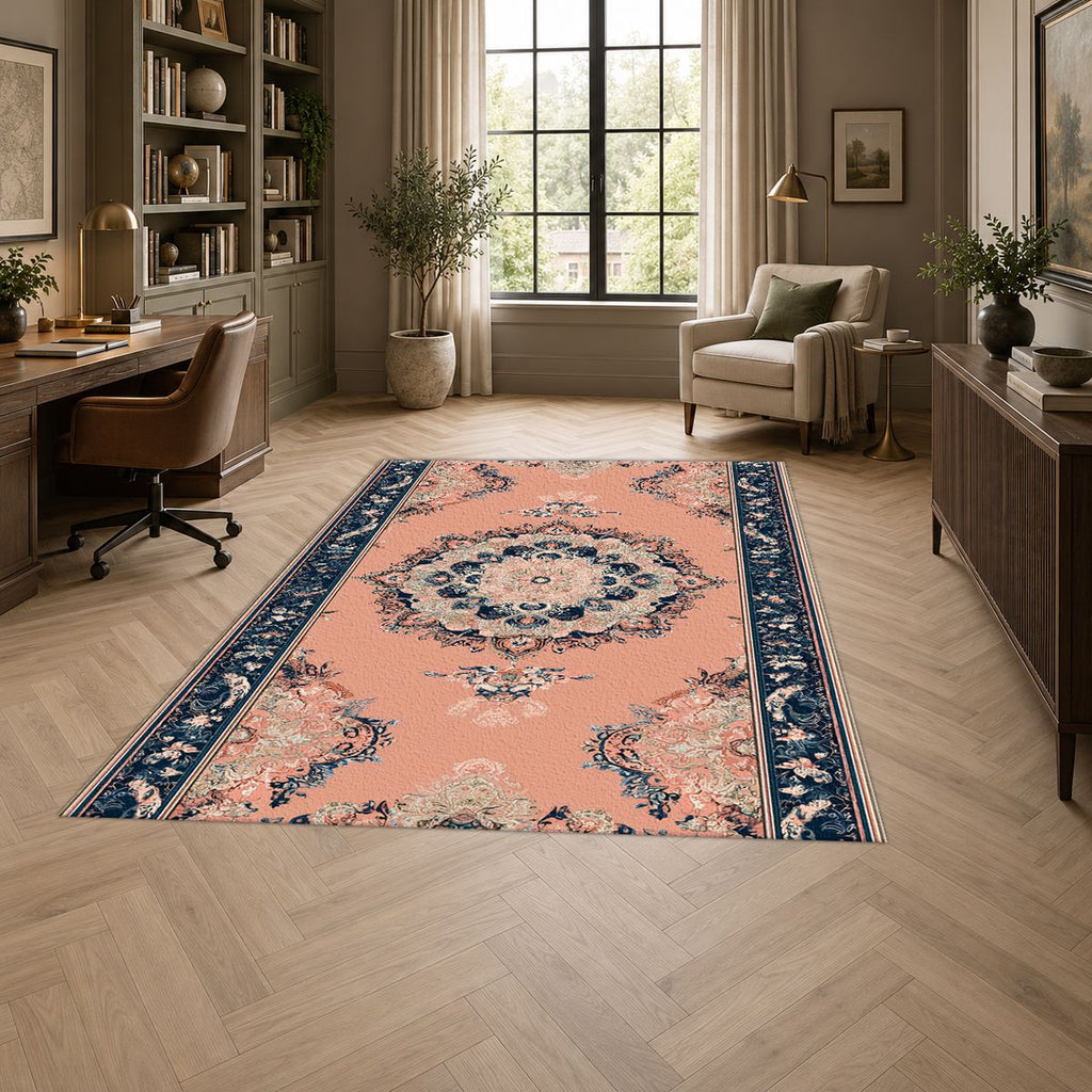 Peach and Navy Classic Medallion printed area rug