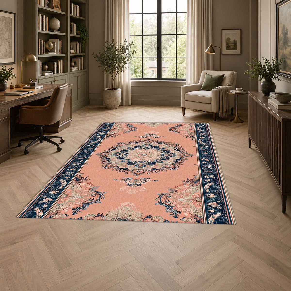 Peach and Navy Classic Medallion printed area rug