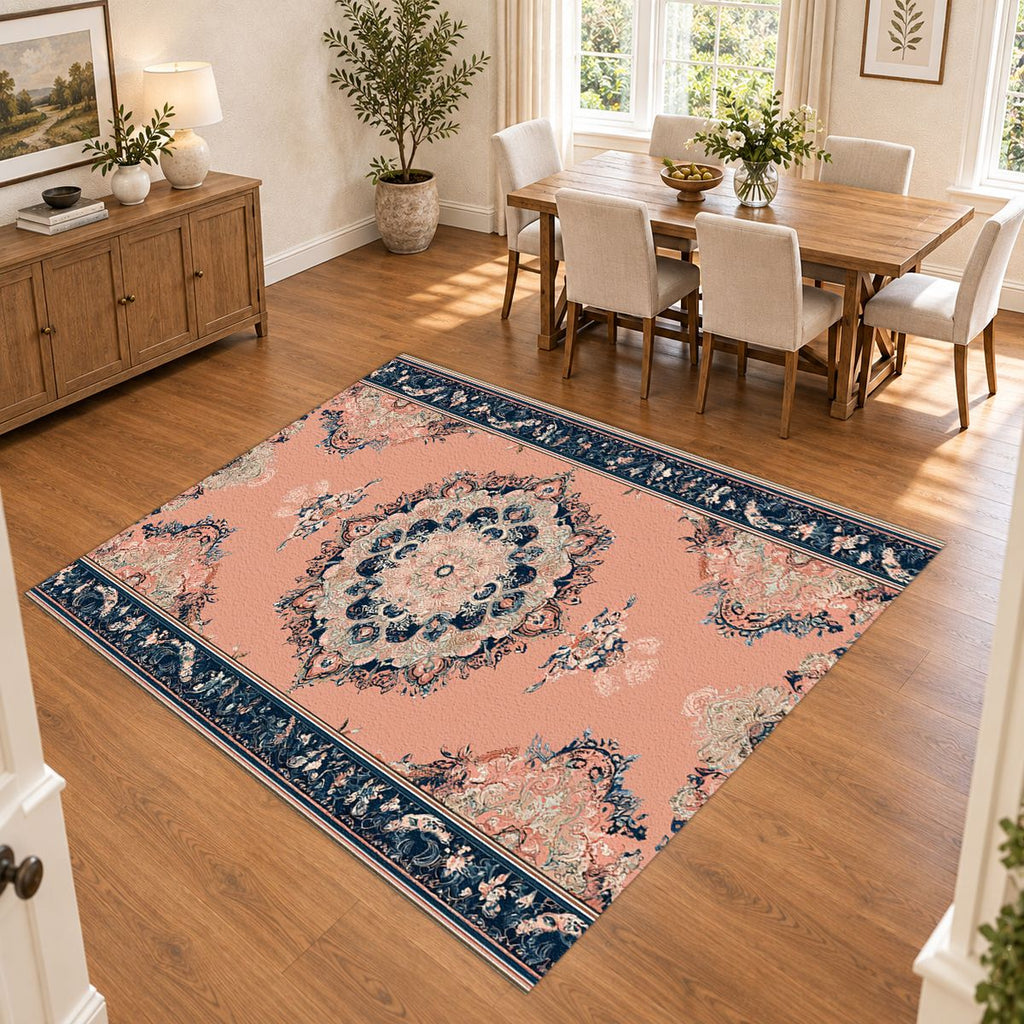 Peach and Navy Classic Medallion printed area rug