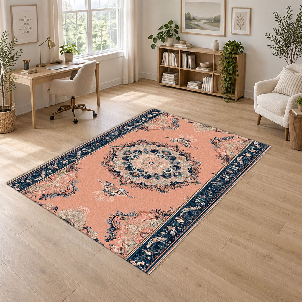 Peach and Navy Classic Medallion printed area rug