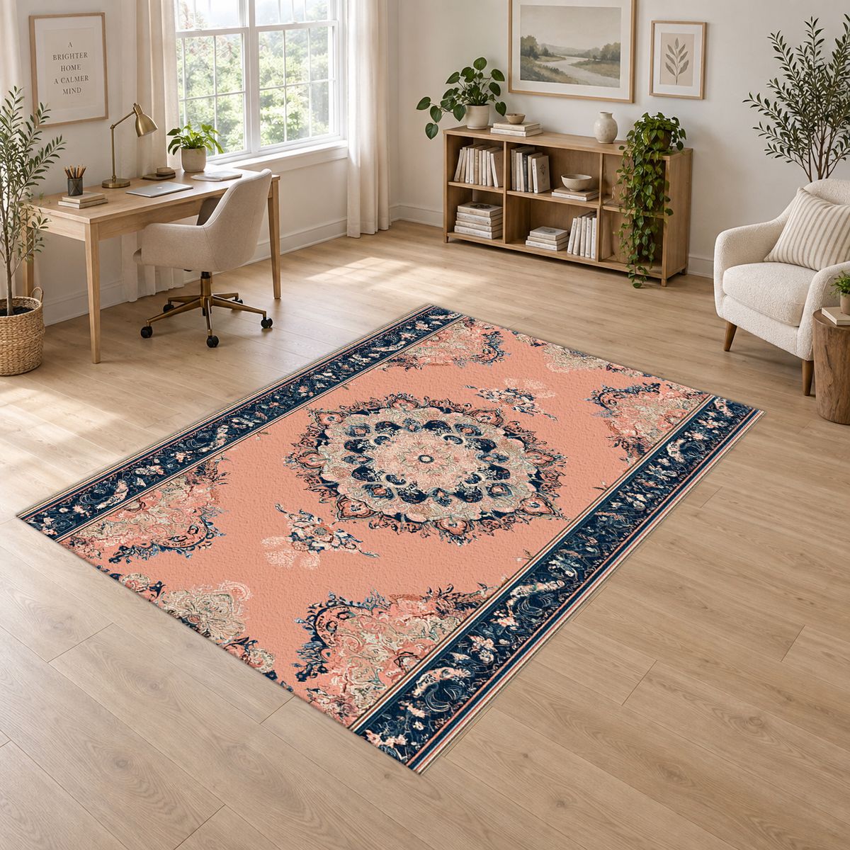 Peach and Navy Classic Medallion printed area rug