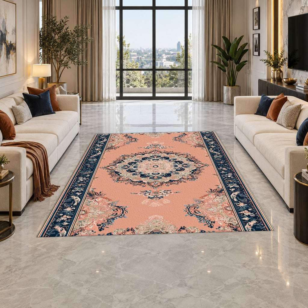 Peach and Navy Classic Medallion printed area rug