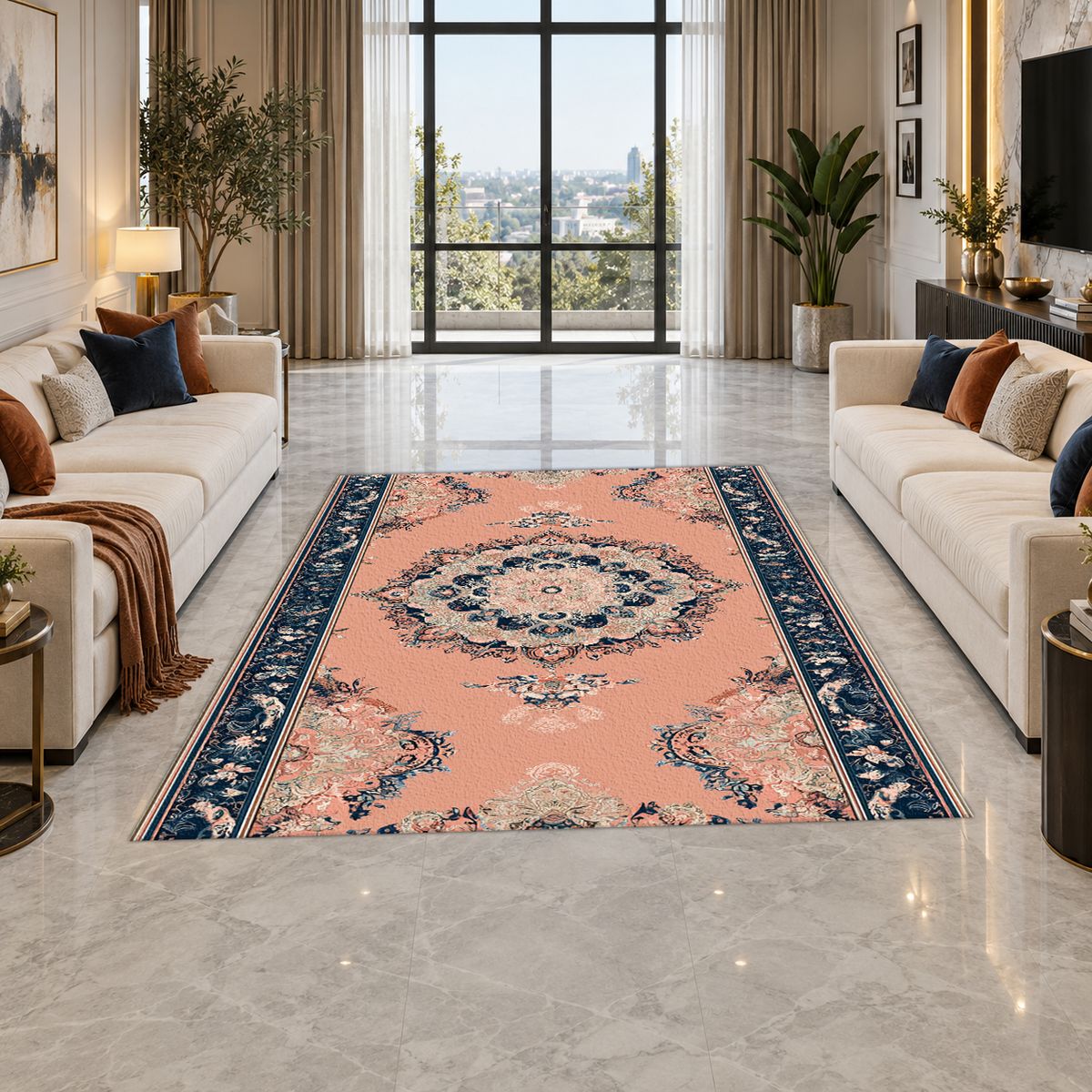 Peach and Navy Classic Medallion printed area rug