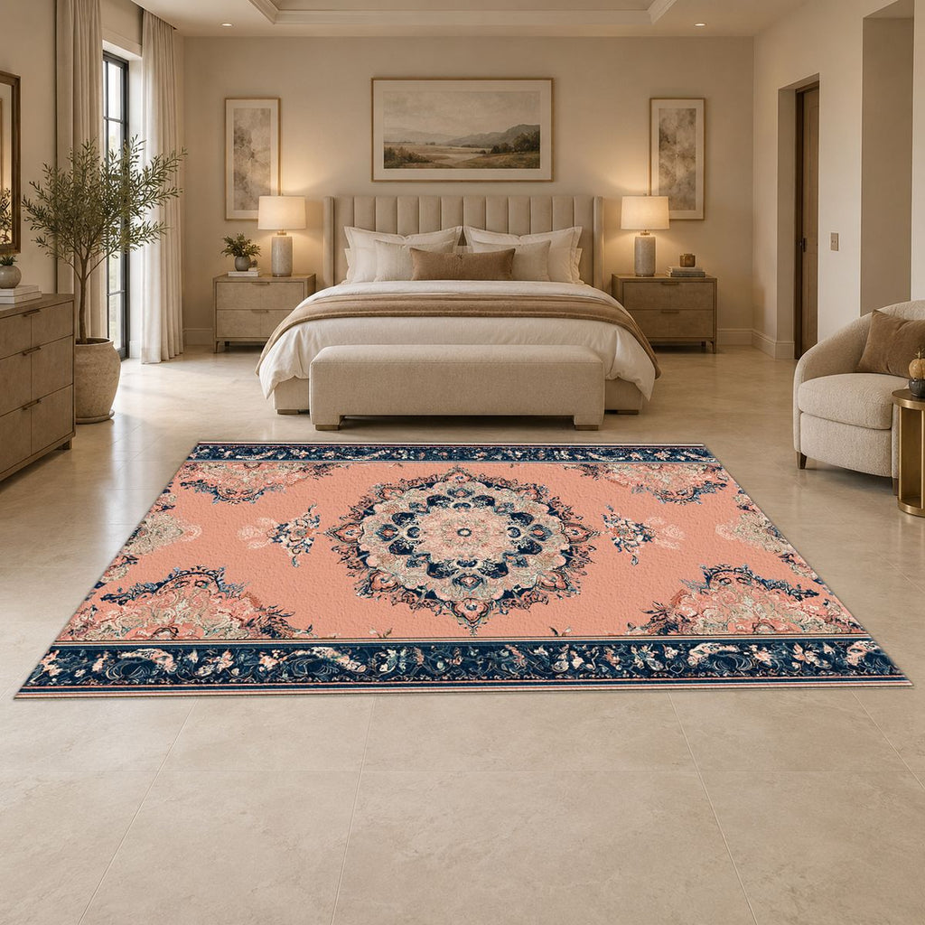 Peach and Navy Classic Medallion printed area rug