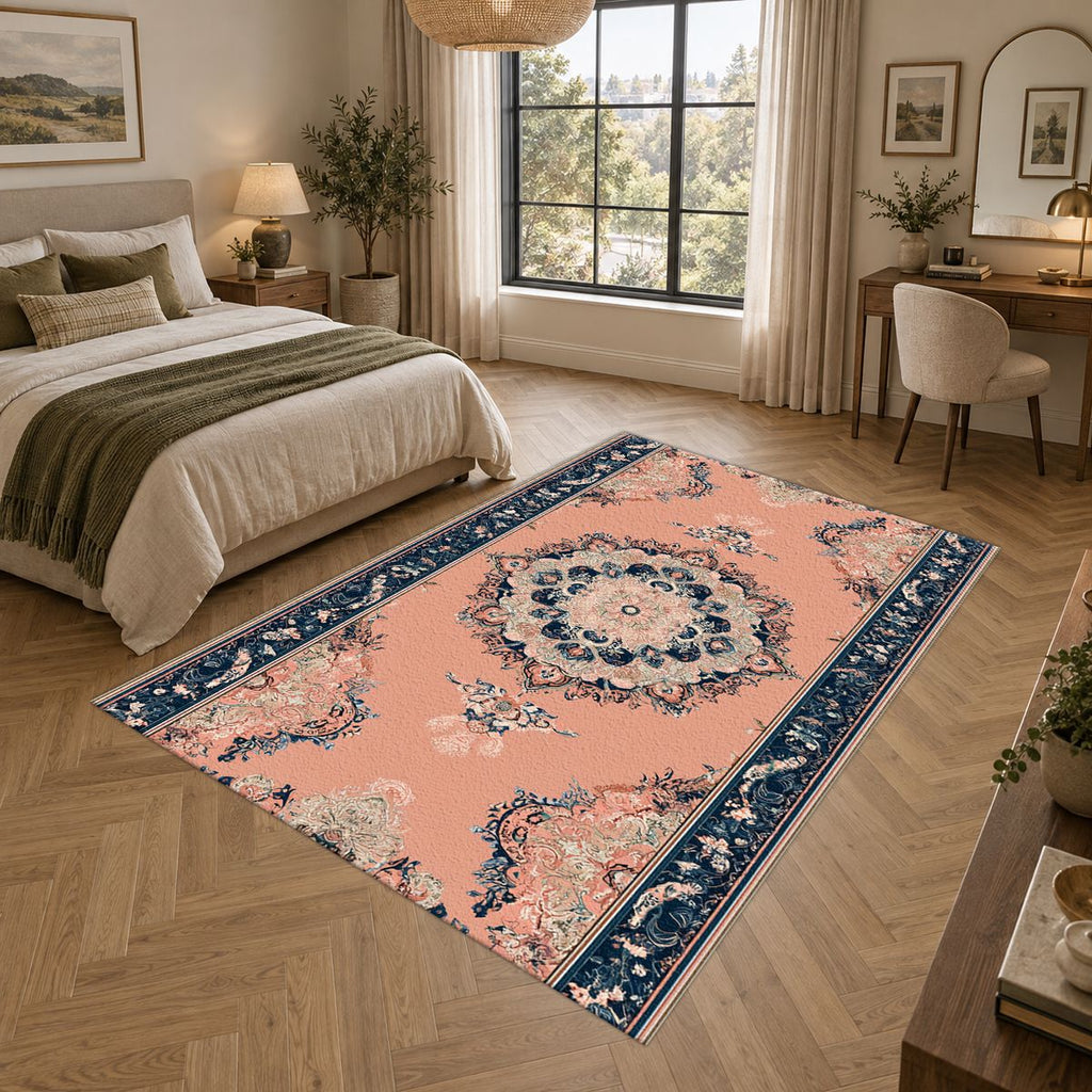 Peach and Navy Classic Medallion printed area rug
