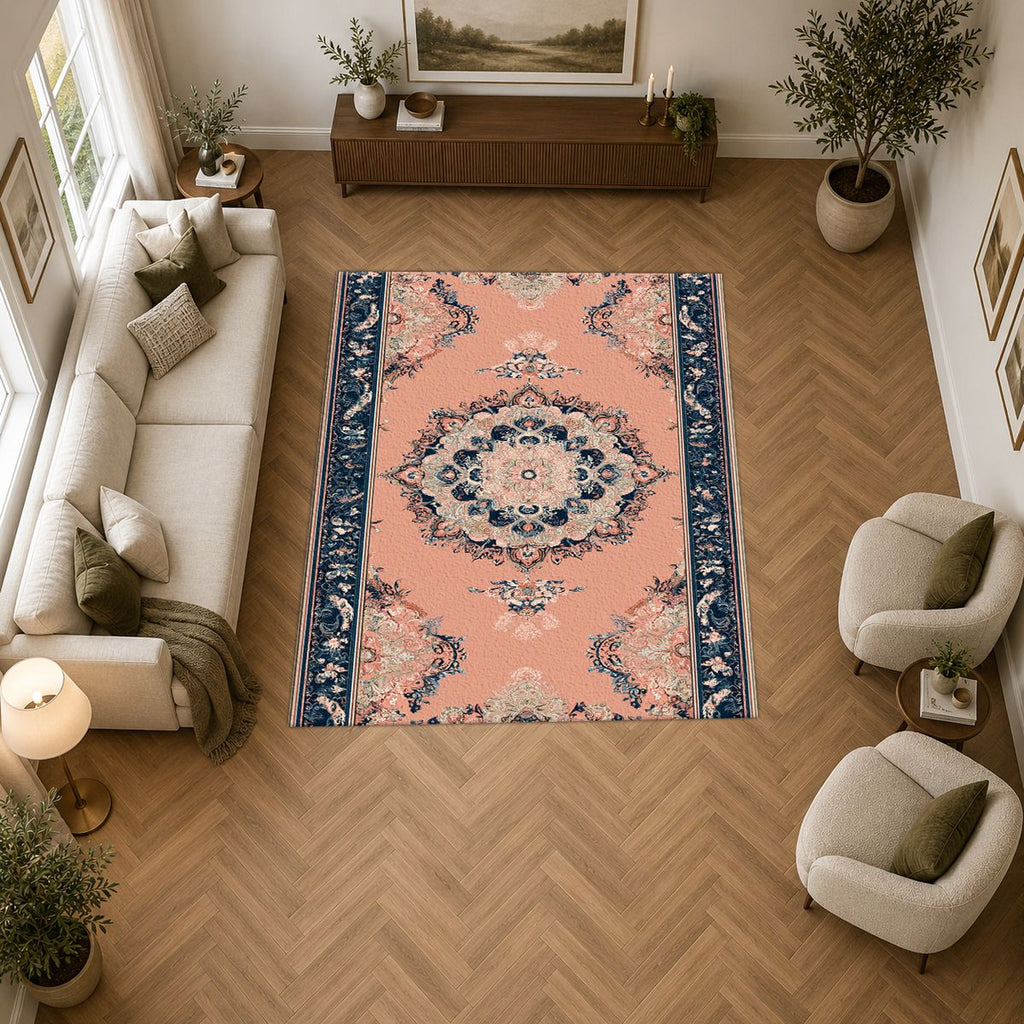 Peach and Navy Classic Medallion printed area rug