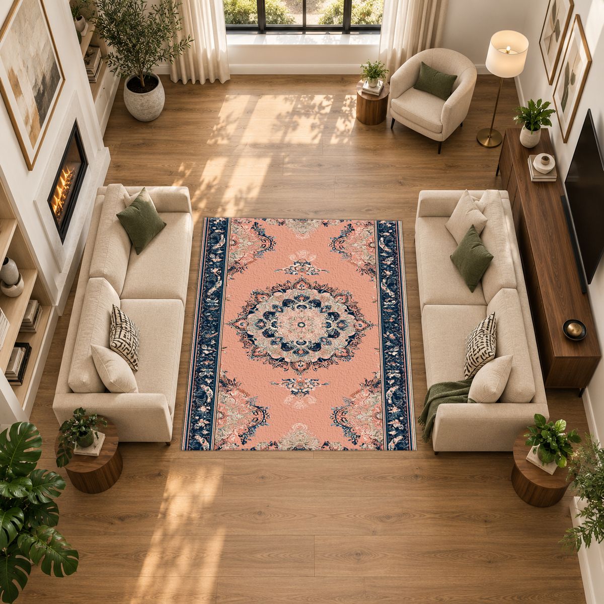 Peach and Navy Classic Medallion printed area rug