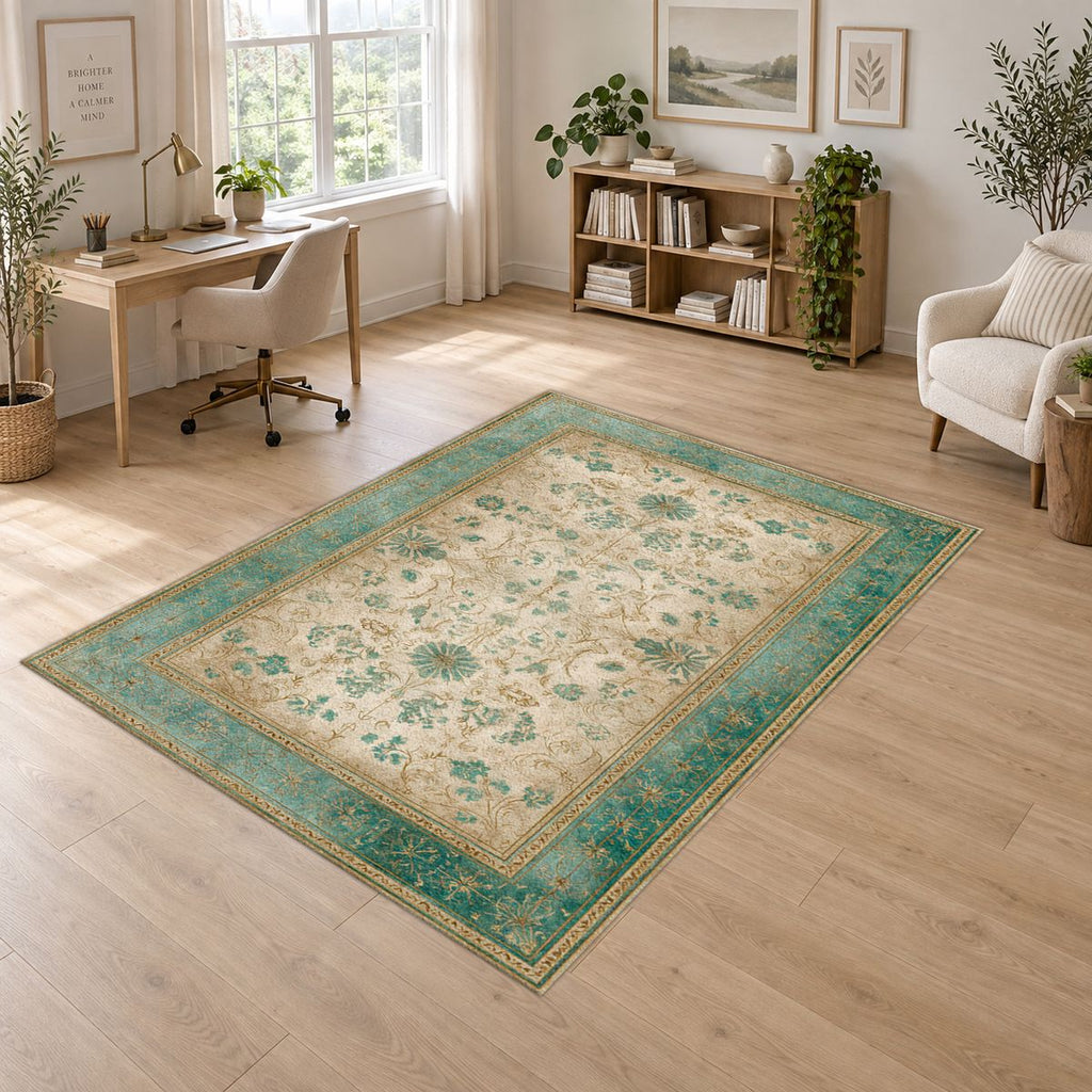Sage and Cream Vintage Floral Oushak printed area rug