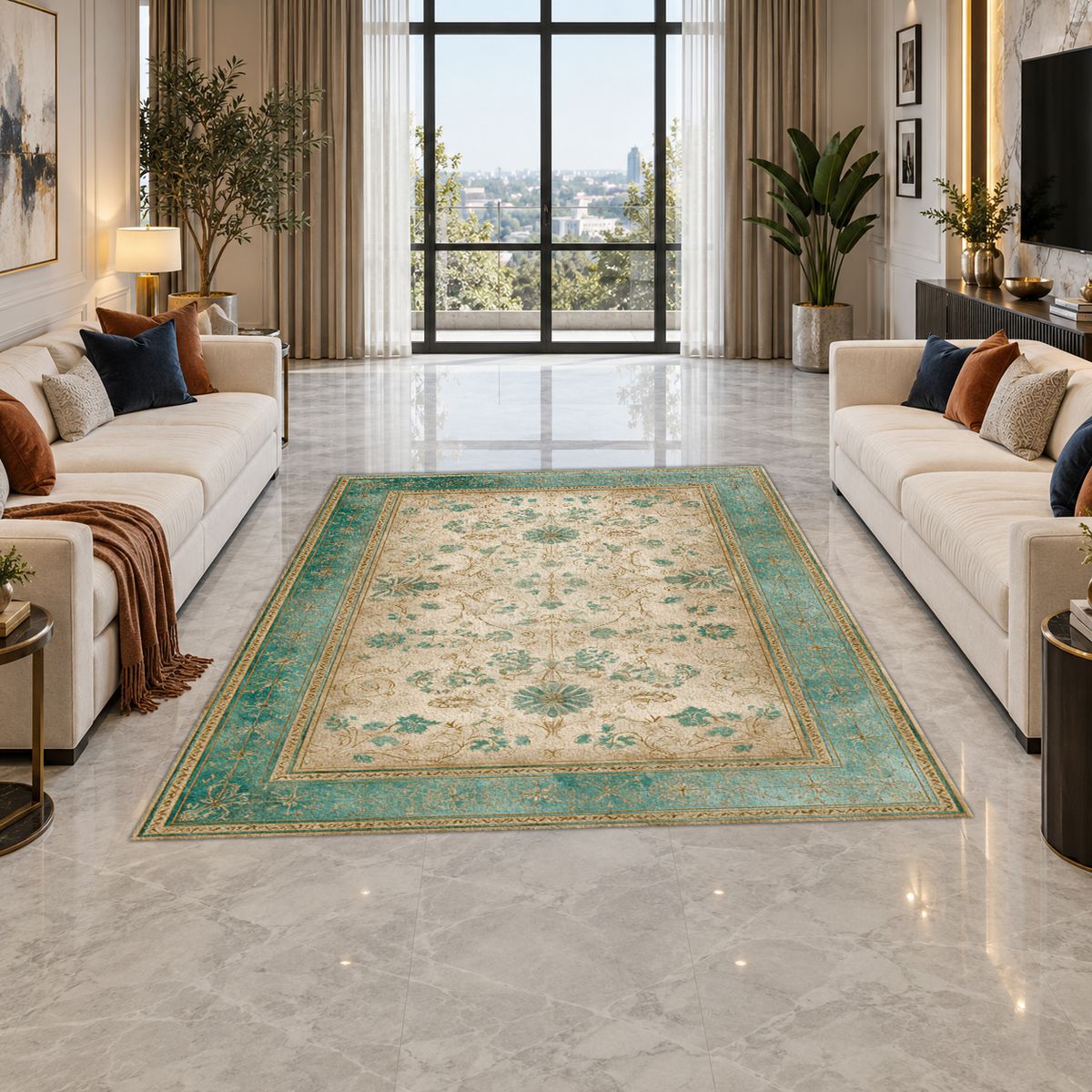 Sage and Cream Vintage Floral Oushak printed area rug