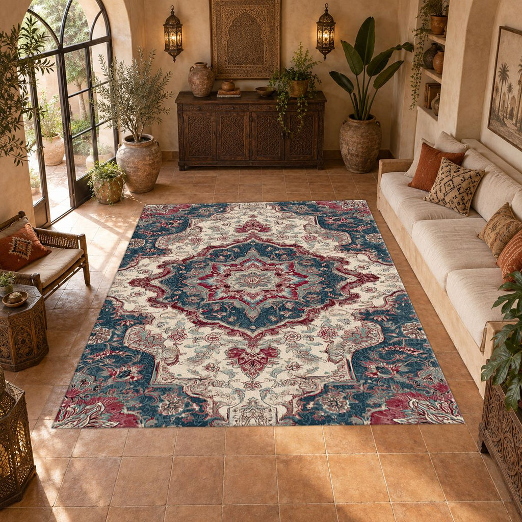 Ivory and Navy Floral Persian Medallion printed area rug