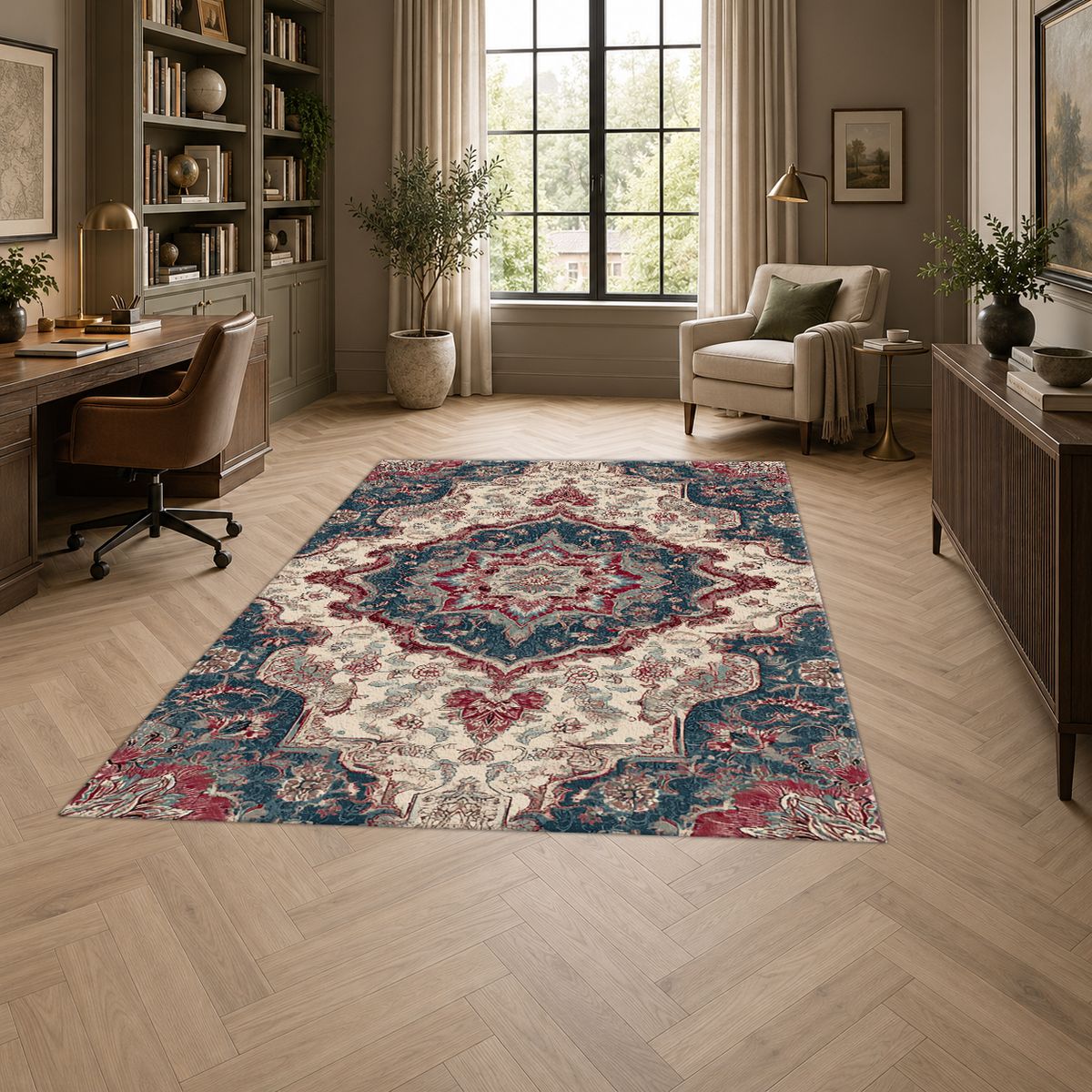 Ivory and Navy Floral Persian Medallion printed area rug