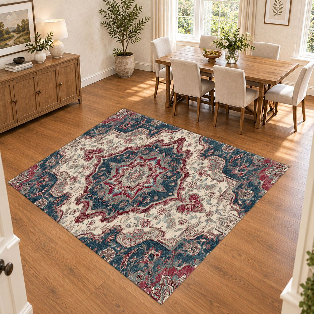 Ivory and Navy Floral Persian Medallion printed area rug