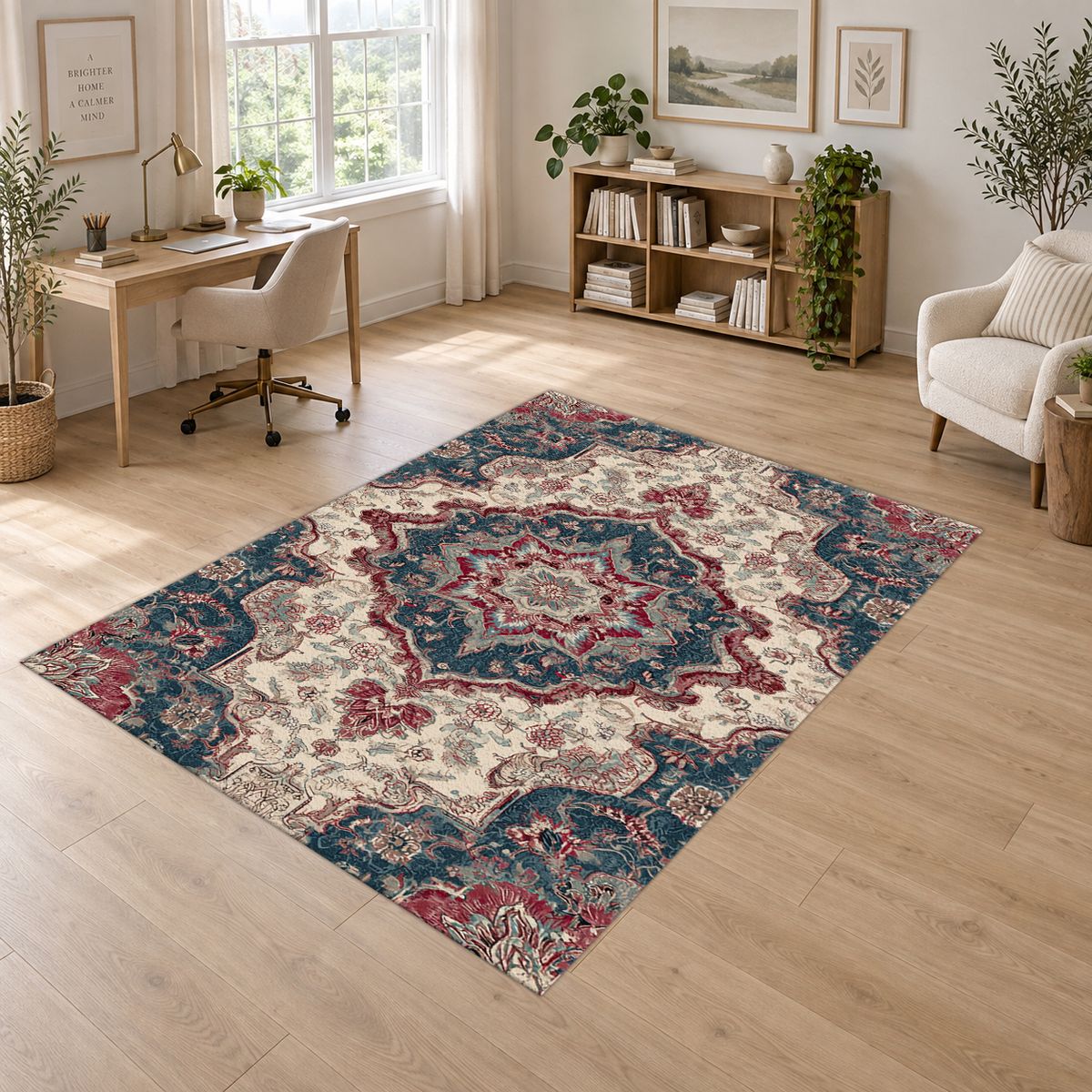 Ivory and Navy Floral Persian Medallion printed area rug