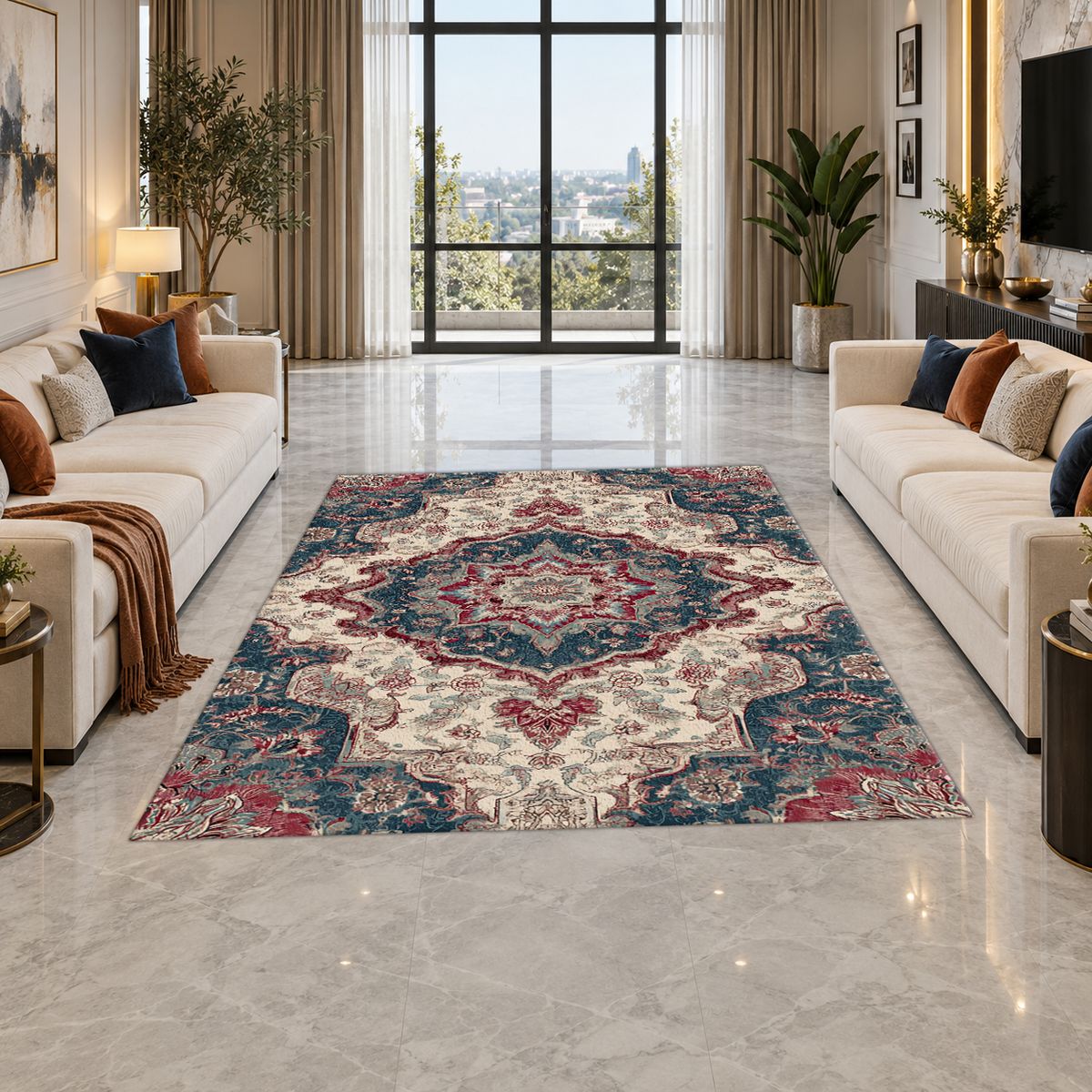 Ivory and Navy Floral Persian Medallion printed area rug