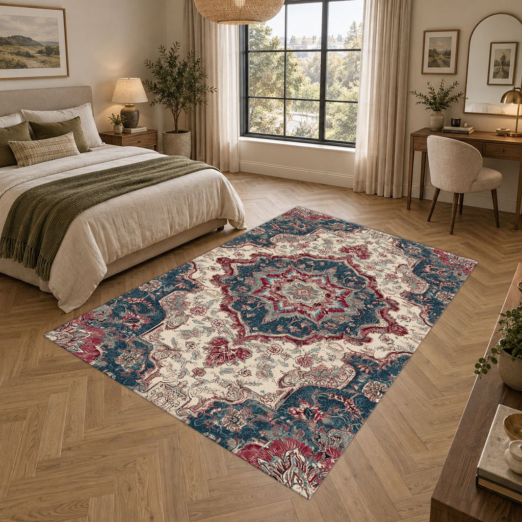 Ivory and Navy Floral Persian Medallion printed area rug