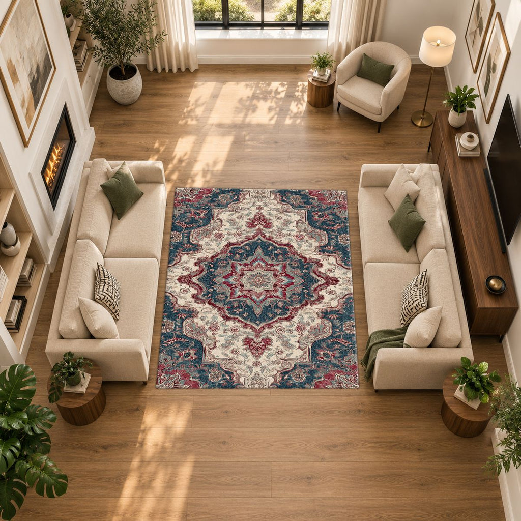 Ivory and Navy Floral Persian Medallion printed area rug