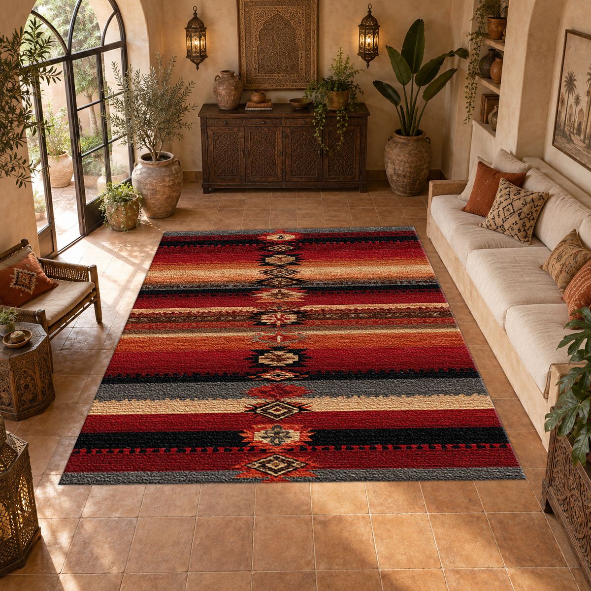 Red and Black Southwestern Striped printed area rug