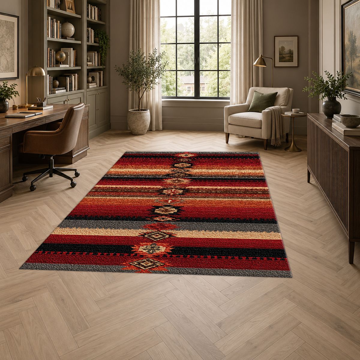 Red and Black Southwestern Striped printed area rug