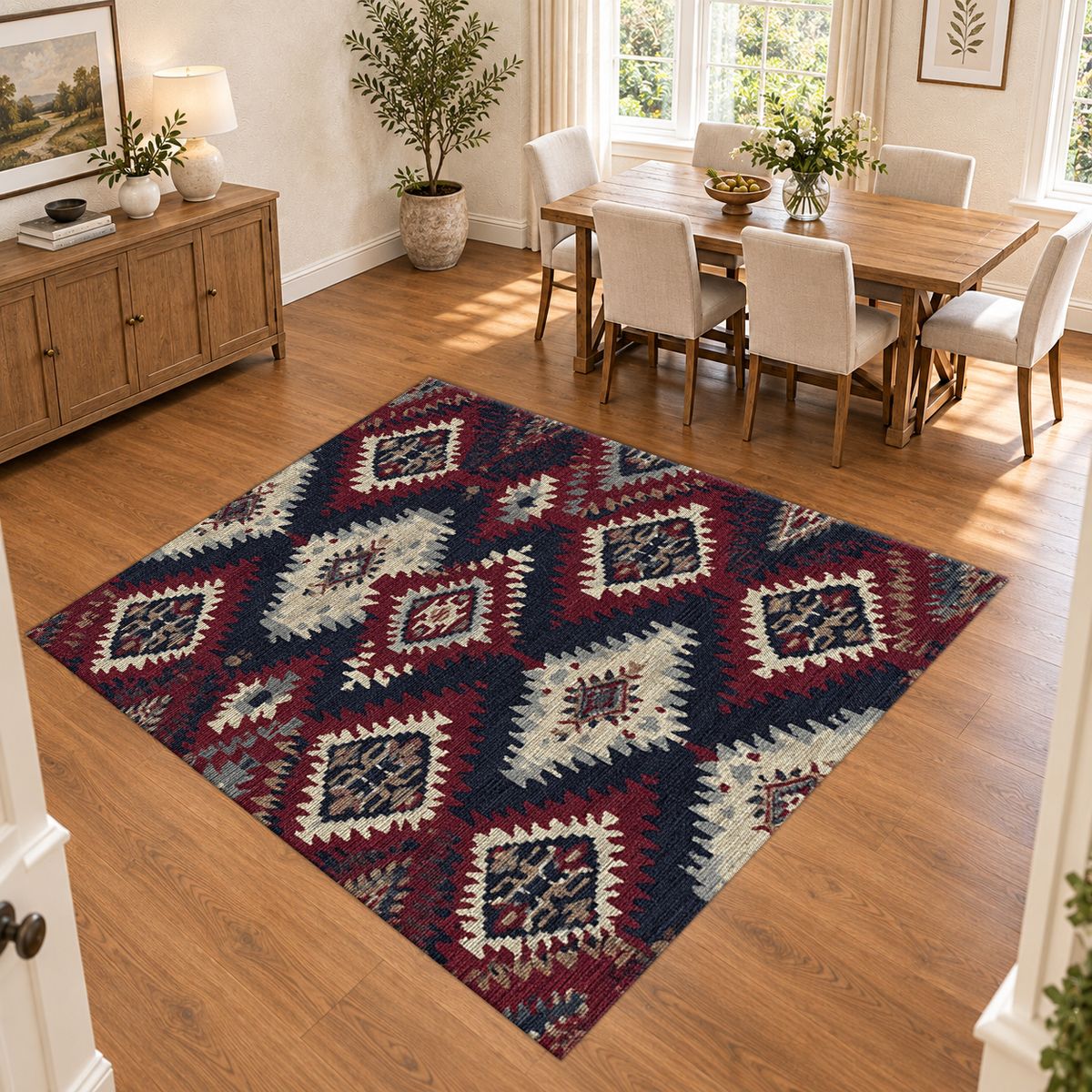 Red and Navy Tribal Diamond Kilim printed area rug