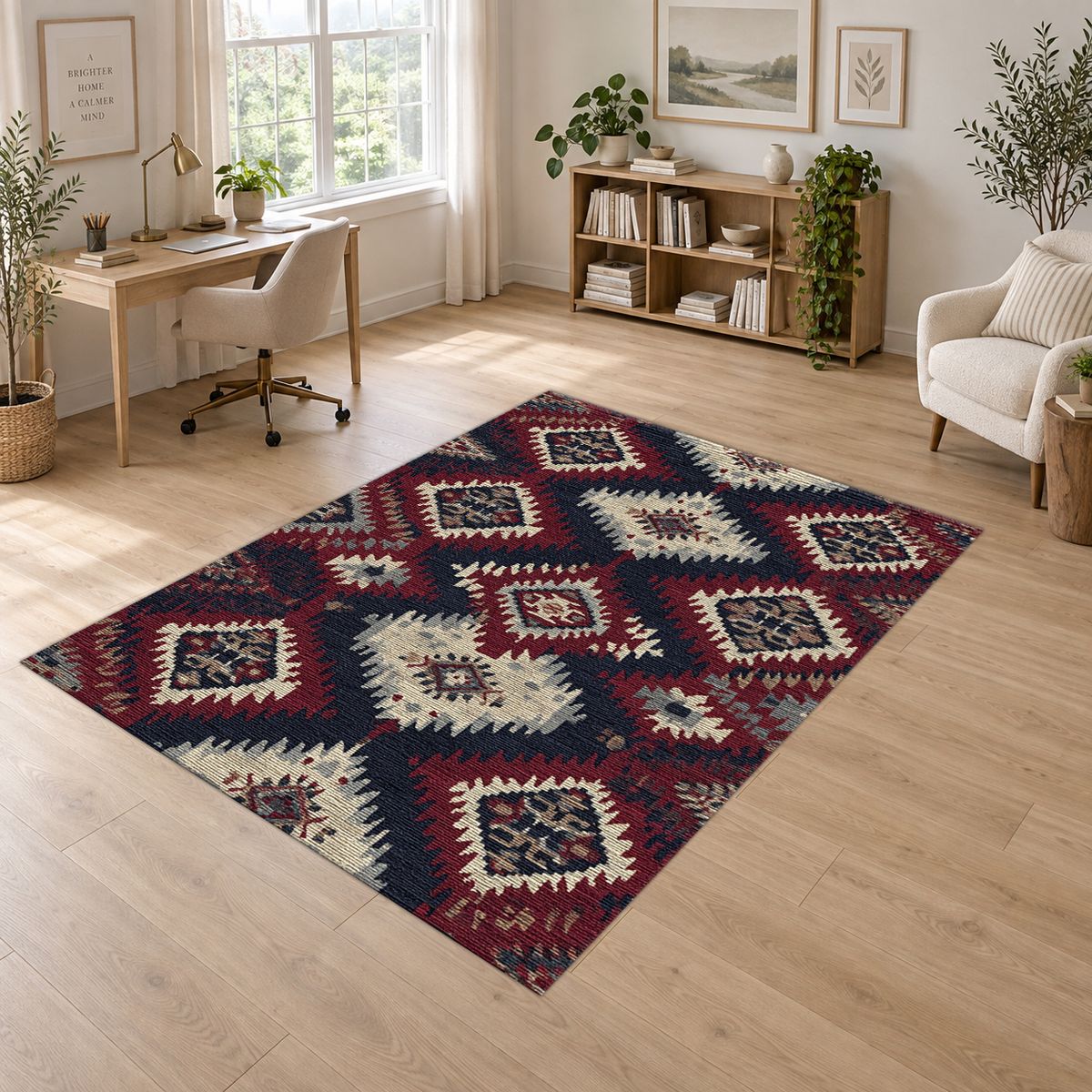 Red and Navy Tribal Diamond Kilim printed area rug