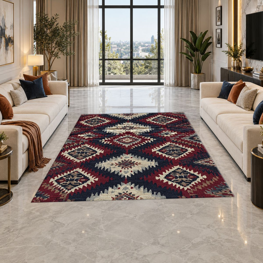 Red and Navy Tribal Diamond Kilim printed area rug