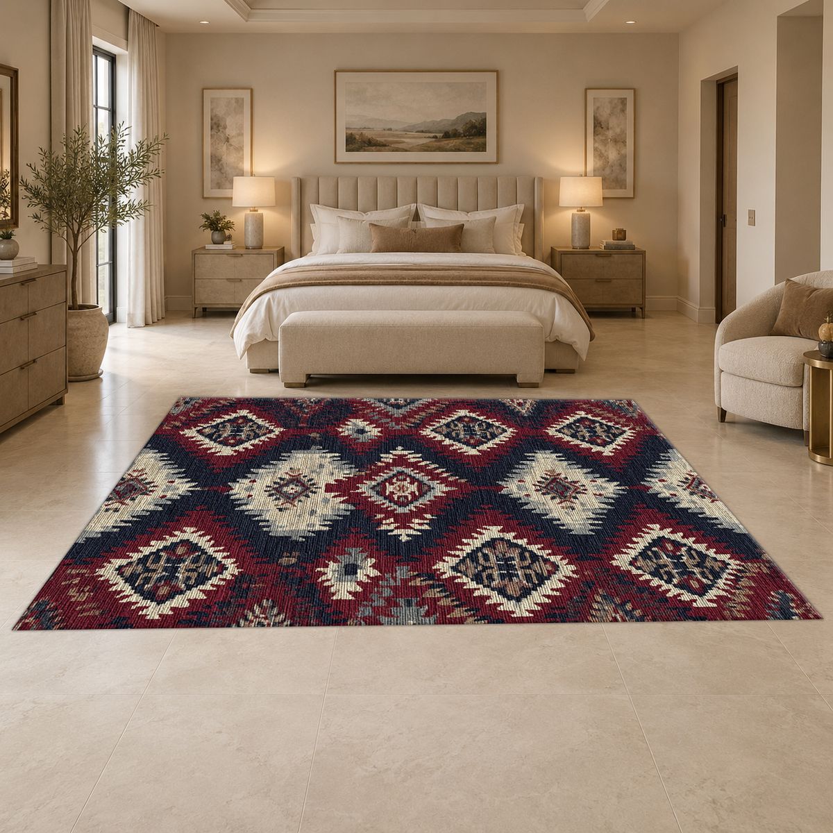 Red and Navy Tribal Diamond Kilim printed area rug