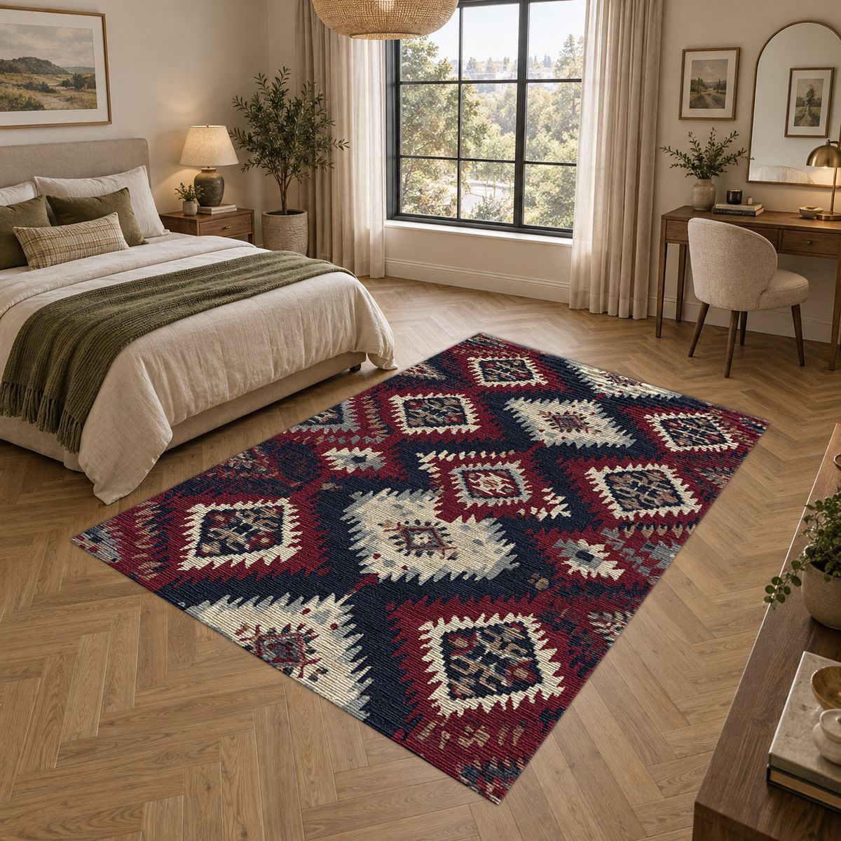 Red and Navy Tribal Diamond Kilim printed area rug