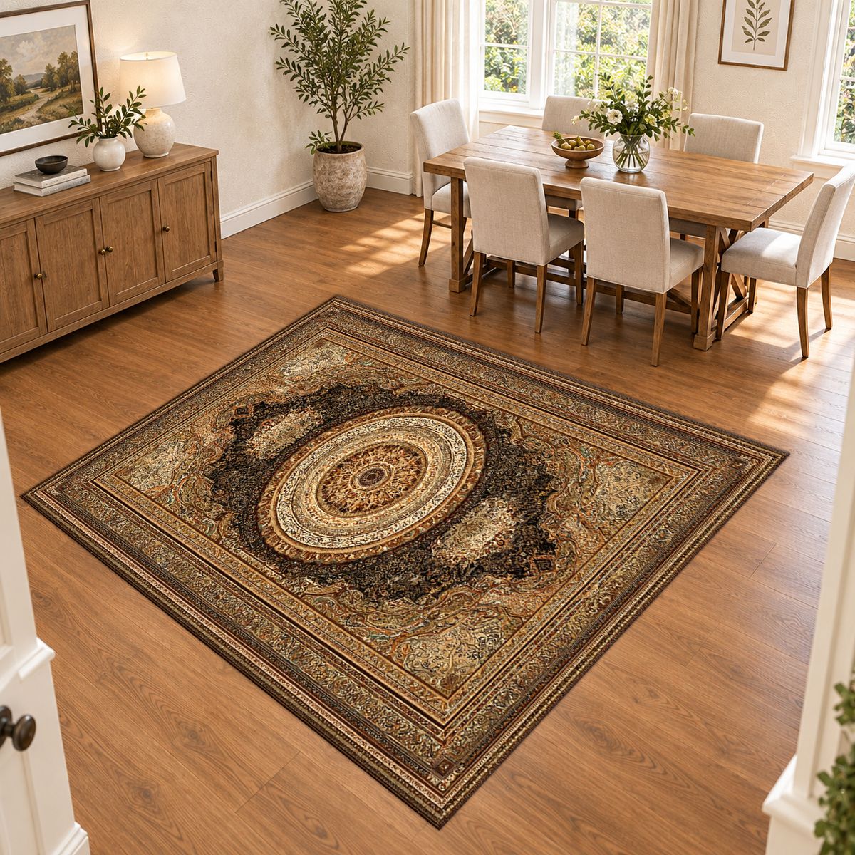 Gold and Brown Classic Medallion printed area rug