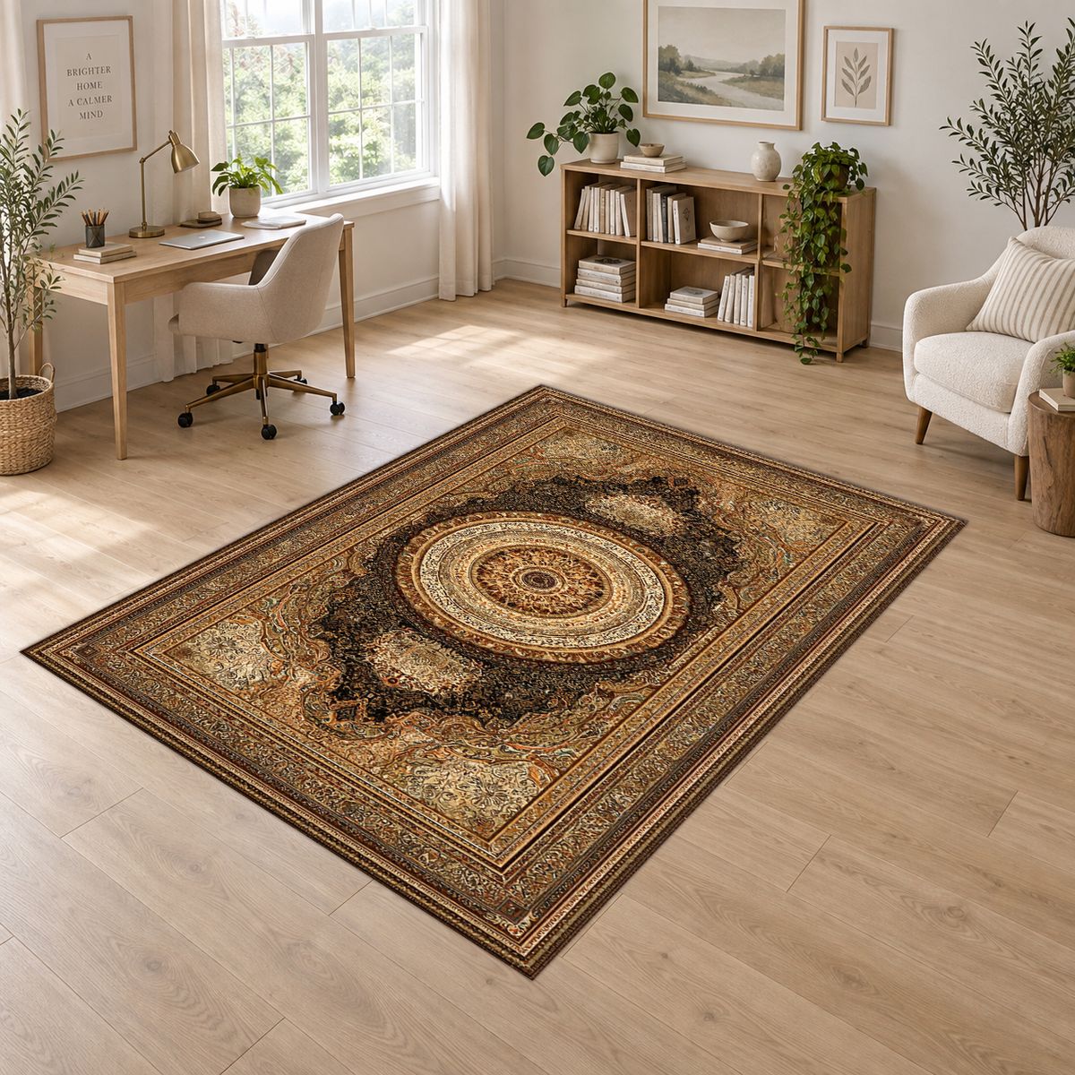 Gold and Brown Classic Medallion printed area rug