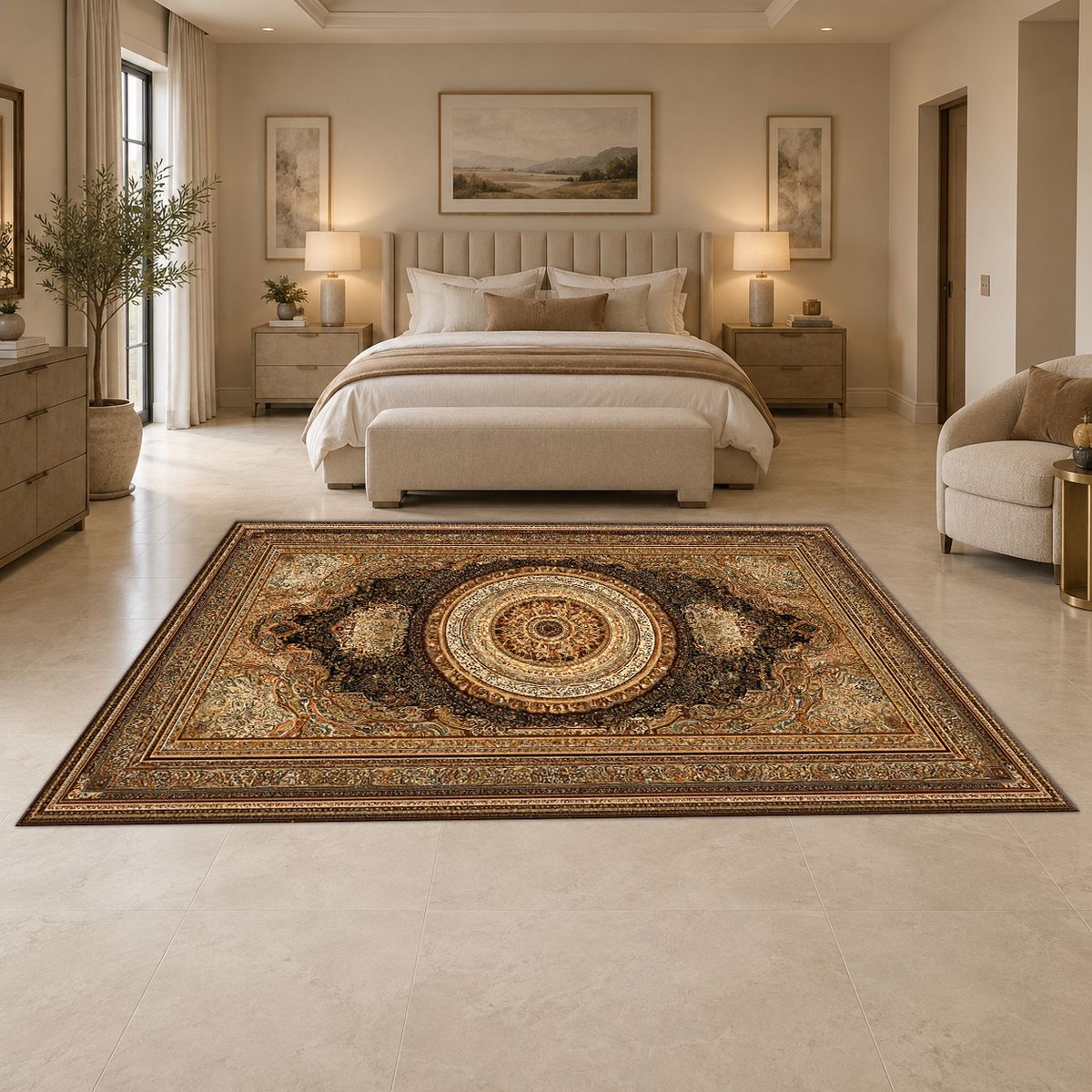 Gold and Brown Classic Medallion printed area rug
