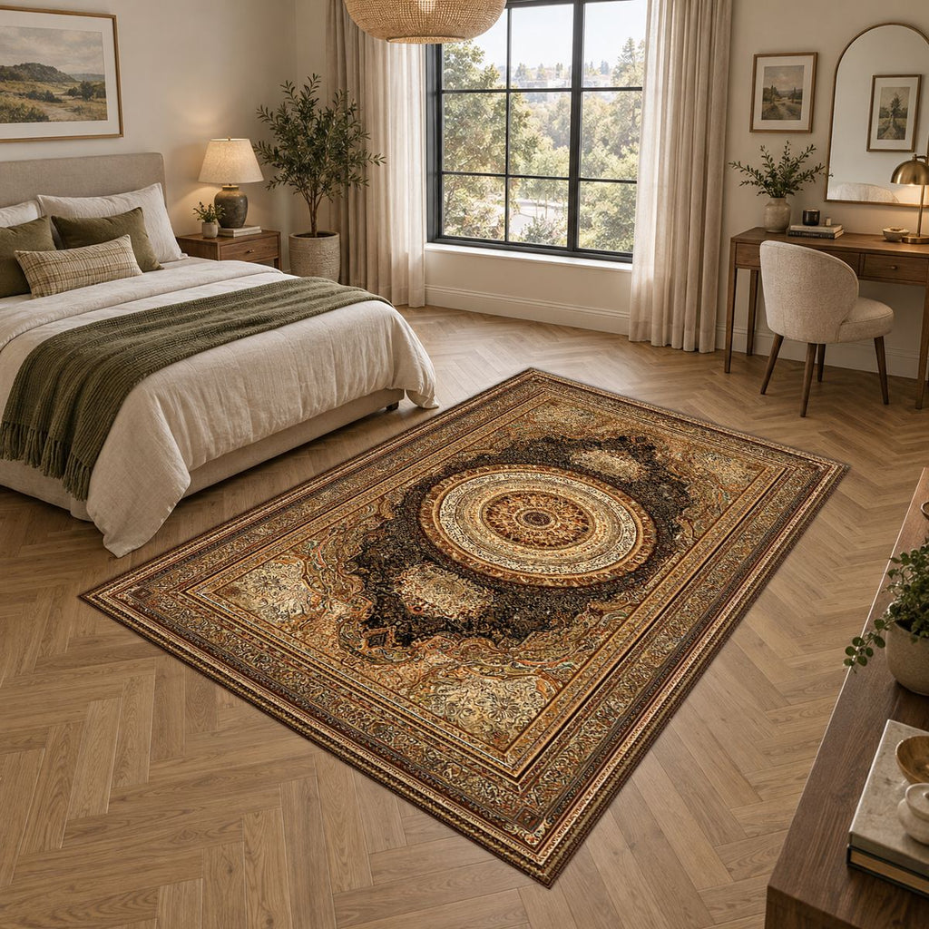 Gold and Brown Classic Medallion printed area rug