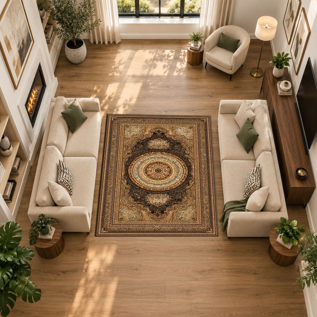 Gold and Brown Classic Medallion printed area rug