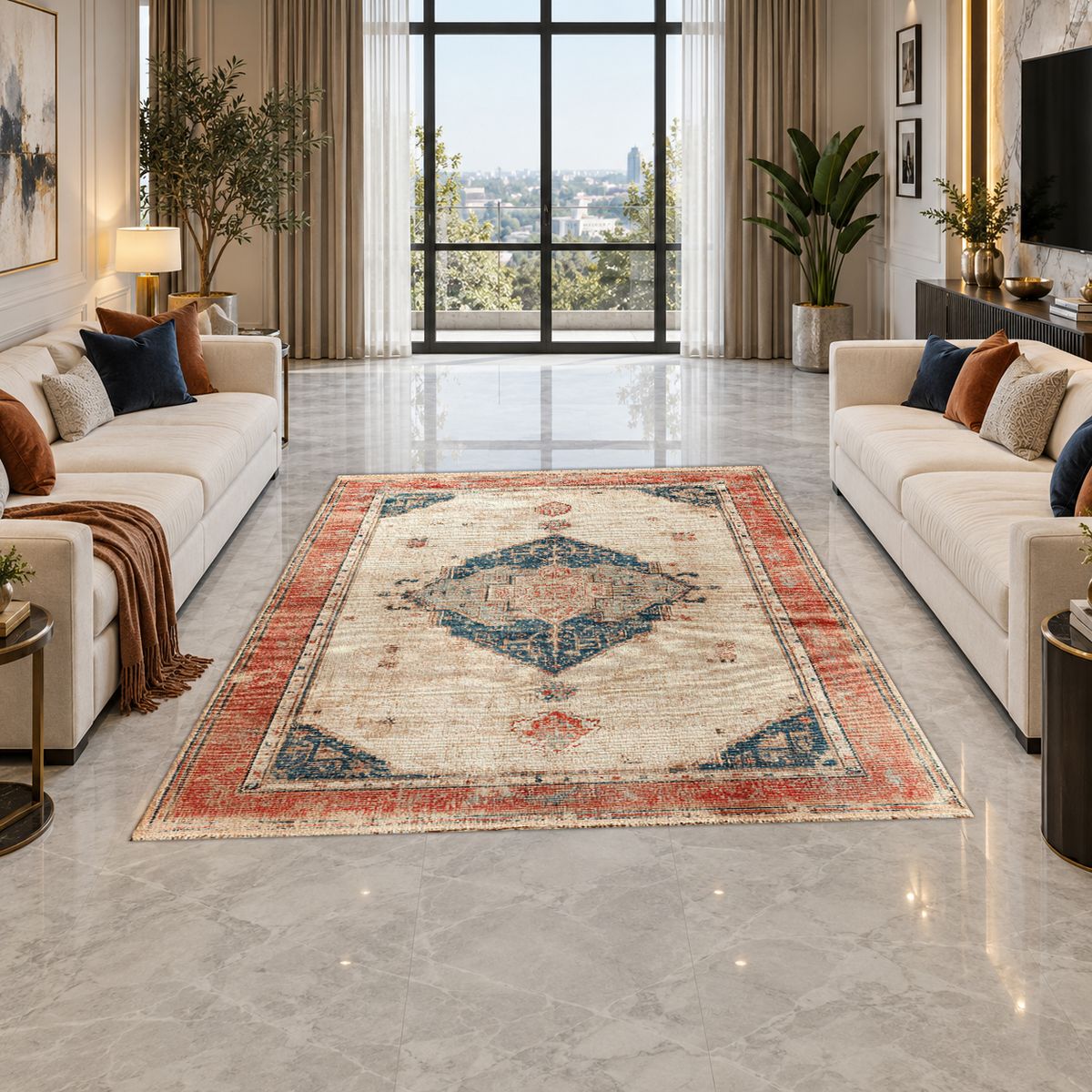 Faded Coral and Blue Vintage Distressed printed area rug