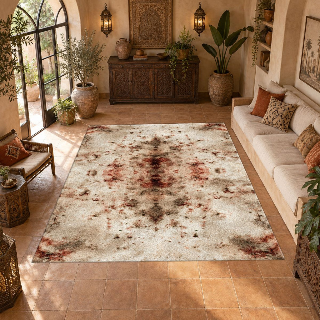 Ivory and Rust Abstract Distressed printed area rug