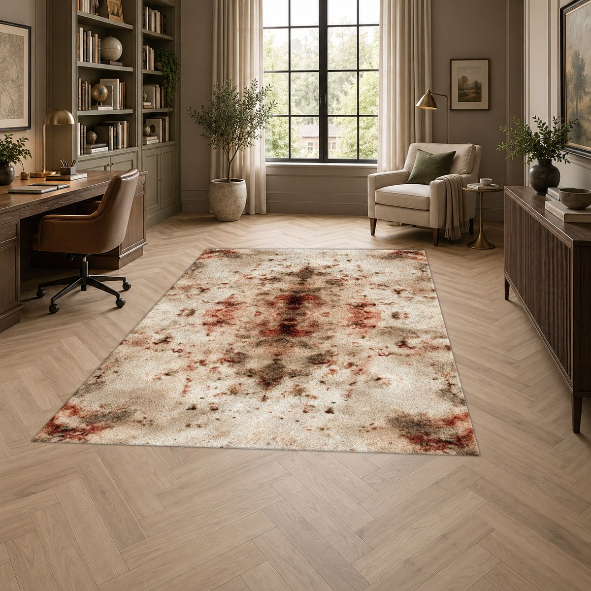 Ivory and Rust Abstract Distressed printed area rug