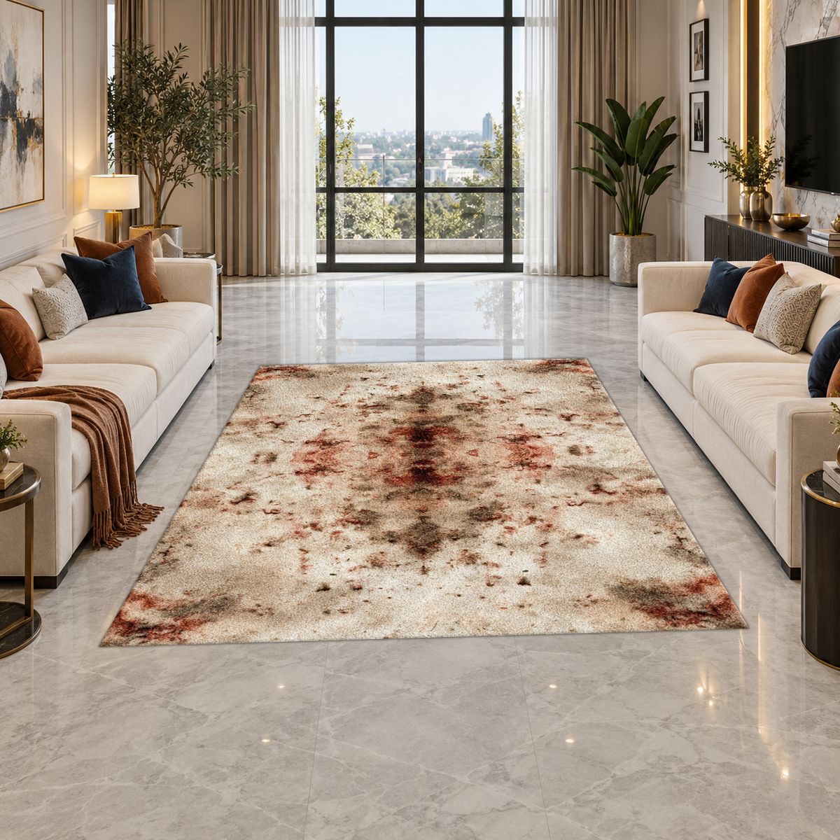 Ivory and Rust Abstract Distressed printed area rug