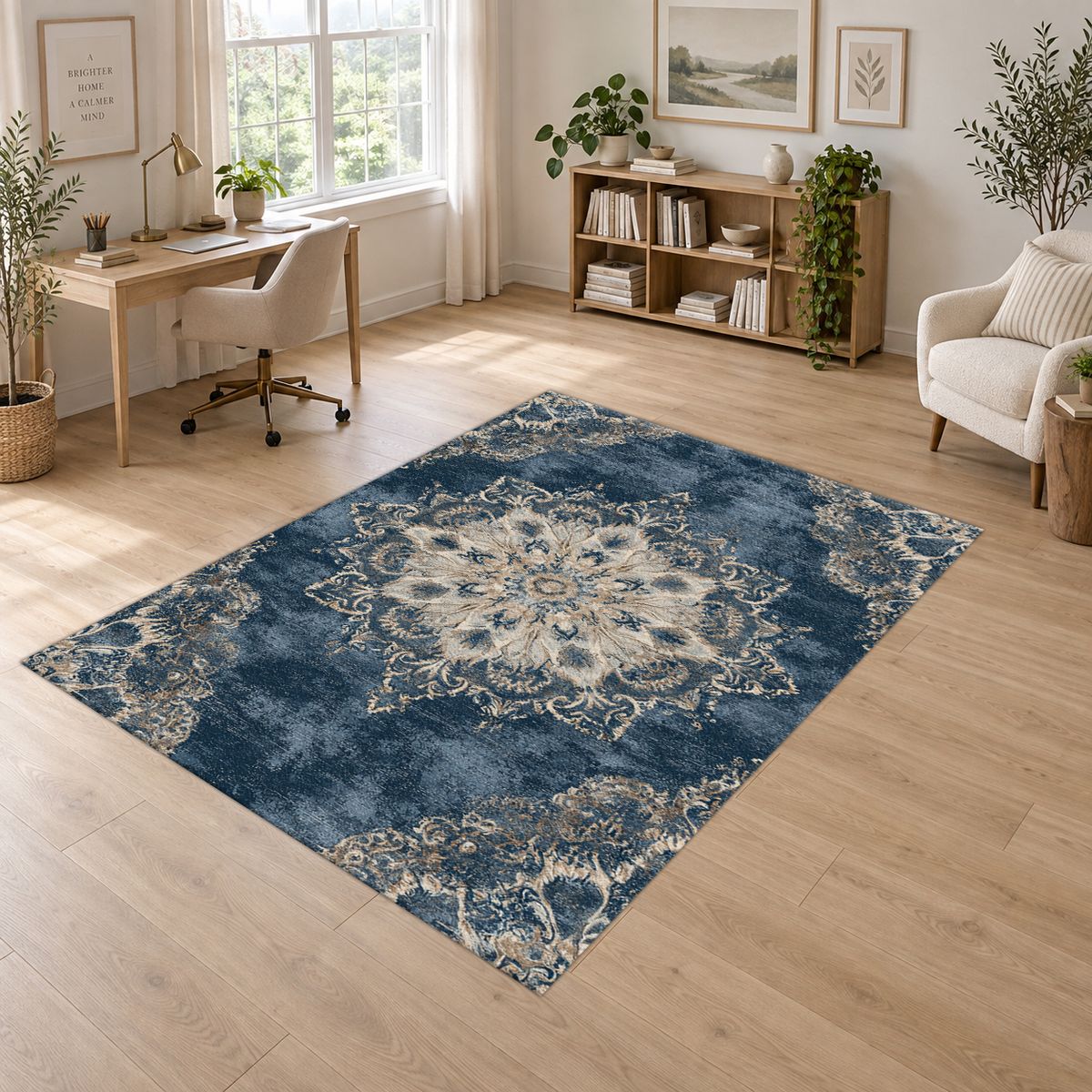 Faded Denim Blue Vintage Medallion printed area rug