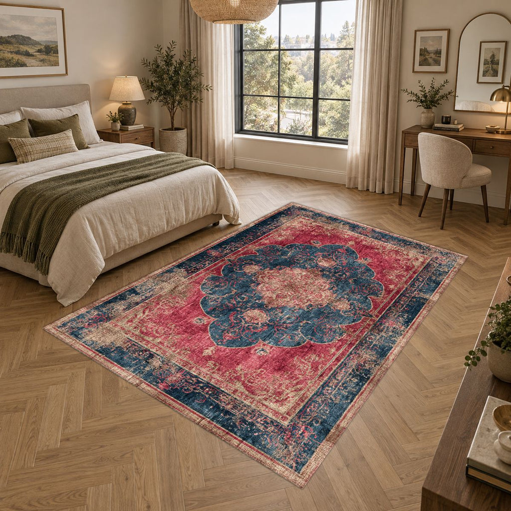 Faded Red and Navy Vintage Persian printed area rug