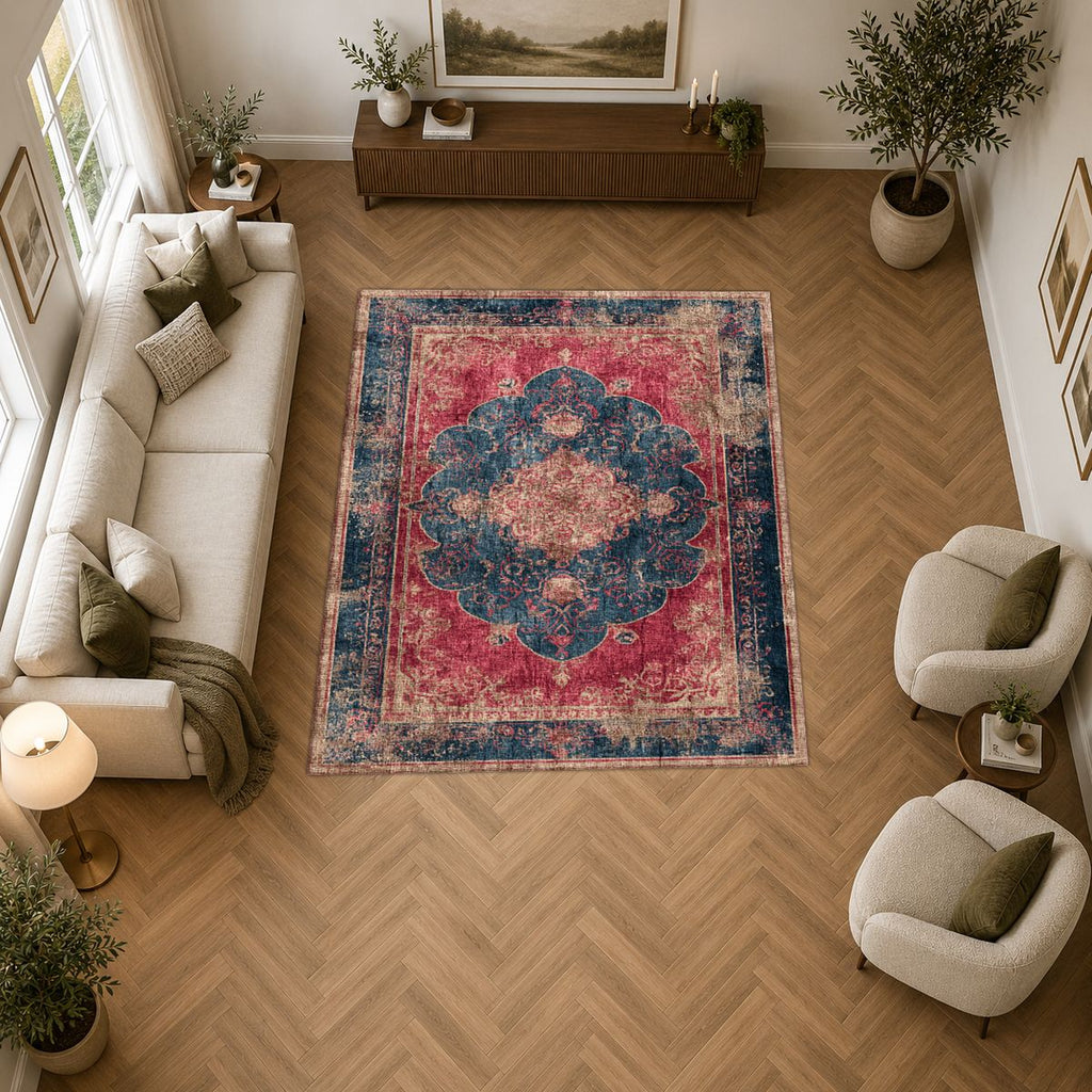 Faded Red and Navy Vintage Persian printed area rug