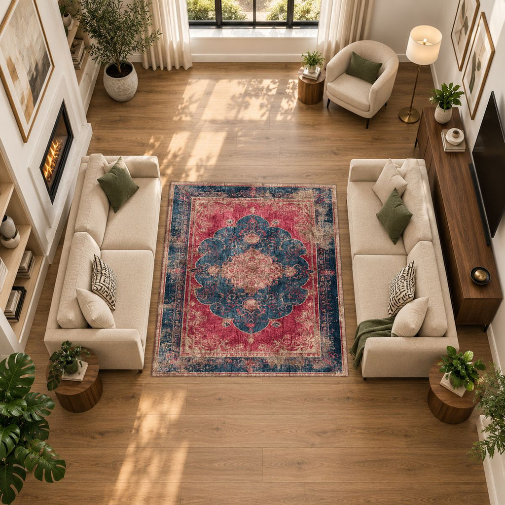 Faded Red and Navy Vintage Persian printed area rug