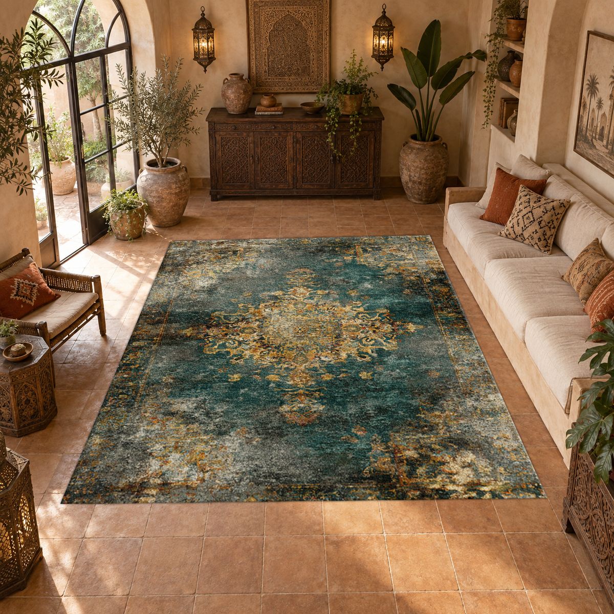 Emerald and Gold Distressed Medallion printed area rug